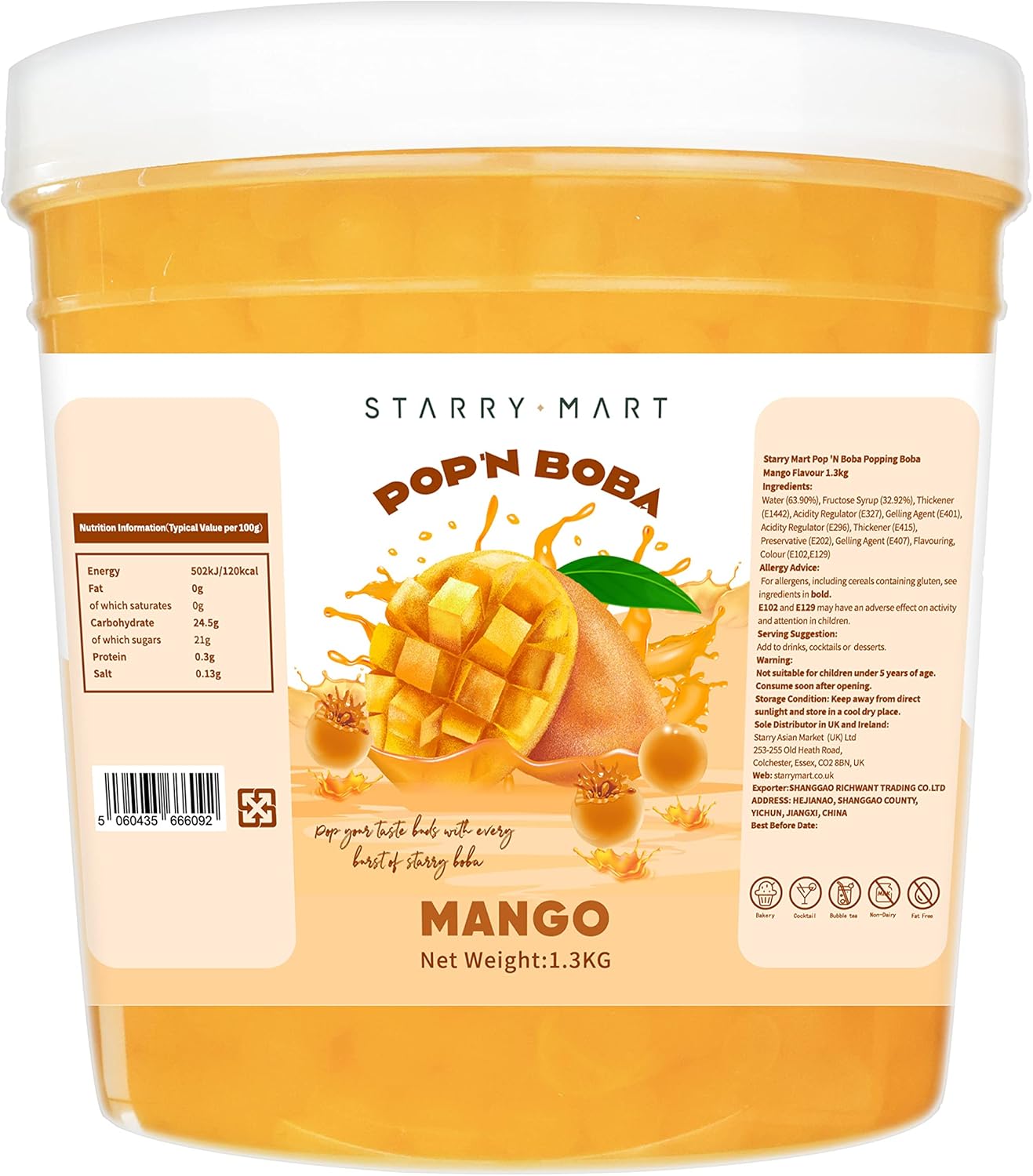 POP'N BOBA Mango Popping Boba for Bubble Tea (1.3kg), Bursting Pearls