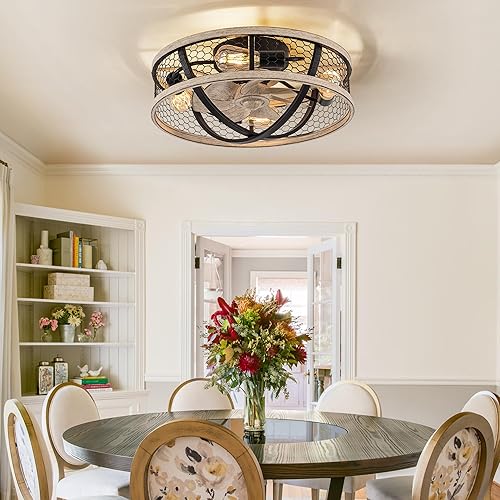 Vista 2 de WWM 20'' Flush Mount Caged Ceiling Fan with Light, Low Profile Farmhouse Ceiling Fans with Remote, 3 Speeds,Reversible Motor Fan for Small Space,Fan