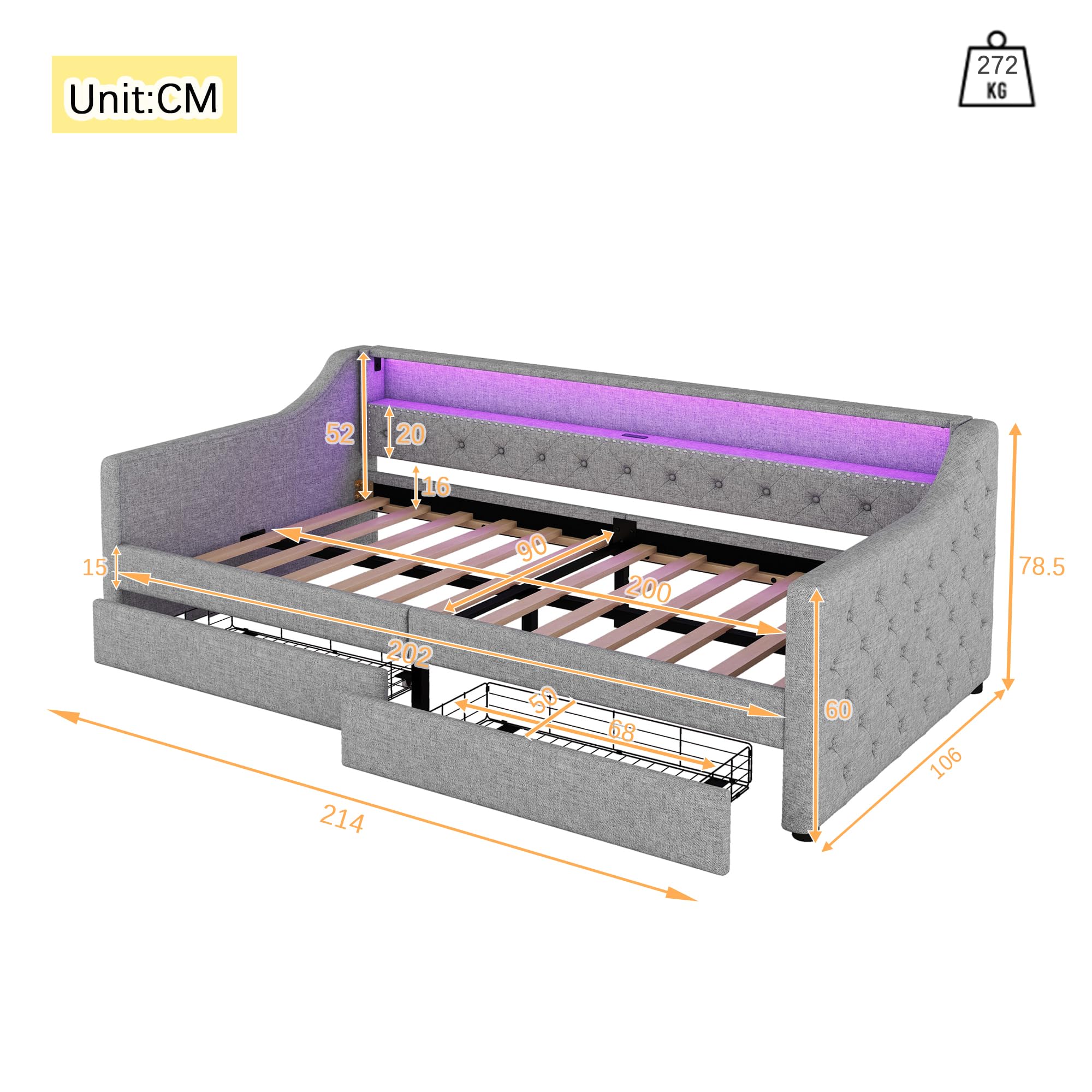 Aoskem Polsterbett Tagesbett Einzelbett 90x200 mit 2 Stauraum Schubladen, Kinderbett LED-Sofabett mit USB-Ladebuchse, Bettgestell mit Lattenrost, Jugendbett Schlafsofa, Ohne Matratze, Leinen (Grau)