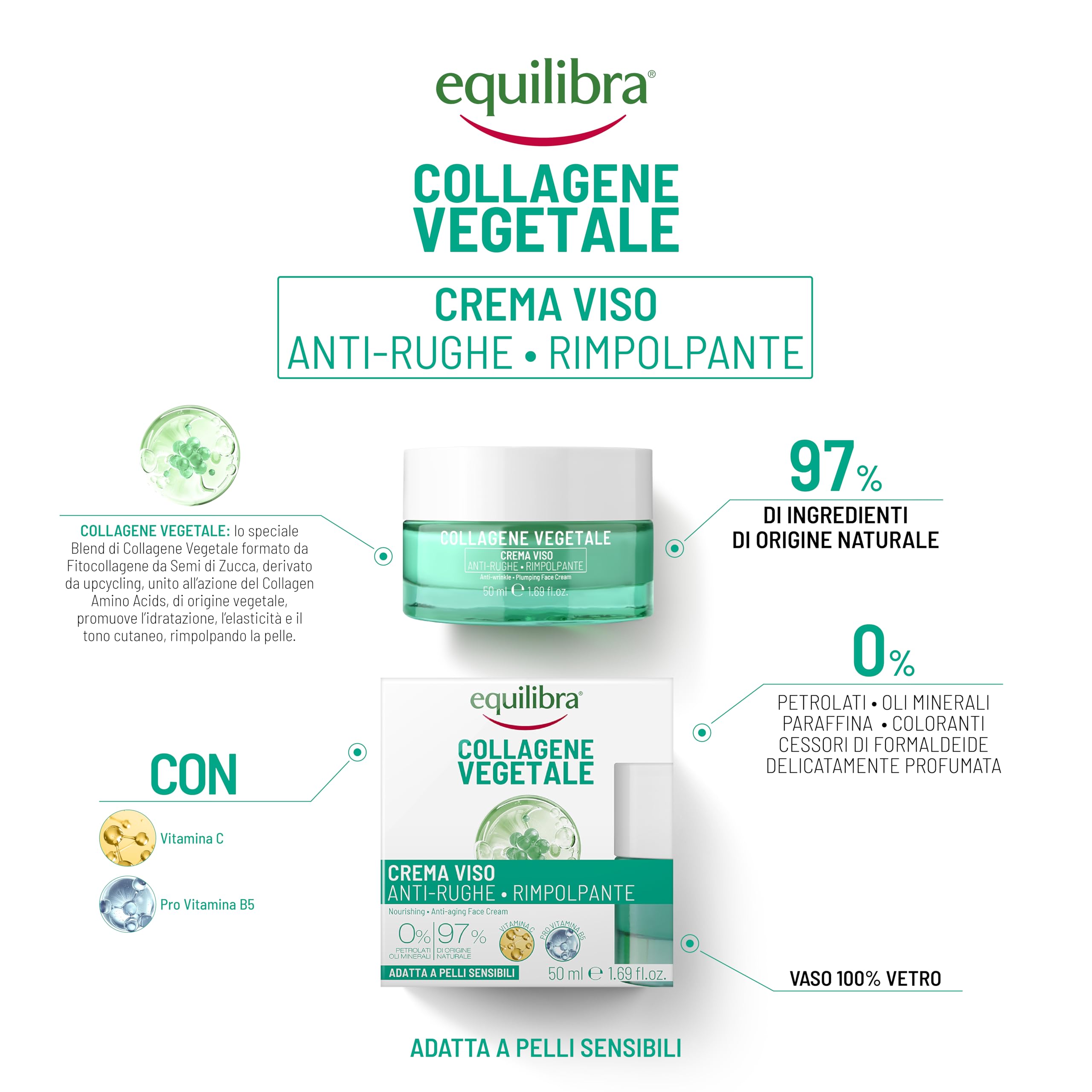Equilibra, Collagene Vegetale Crema Viso Anti-rughe Rimpolpante, 50 ml , con Fitocollagene da Semi di Zucca e Collagen Amino Acids, Vitamina C, Pro-vitamina B5, Dermatologicamente Testato