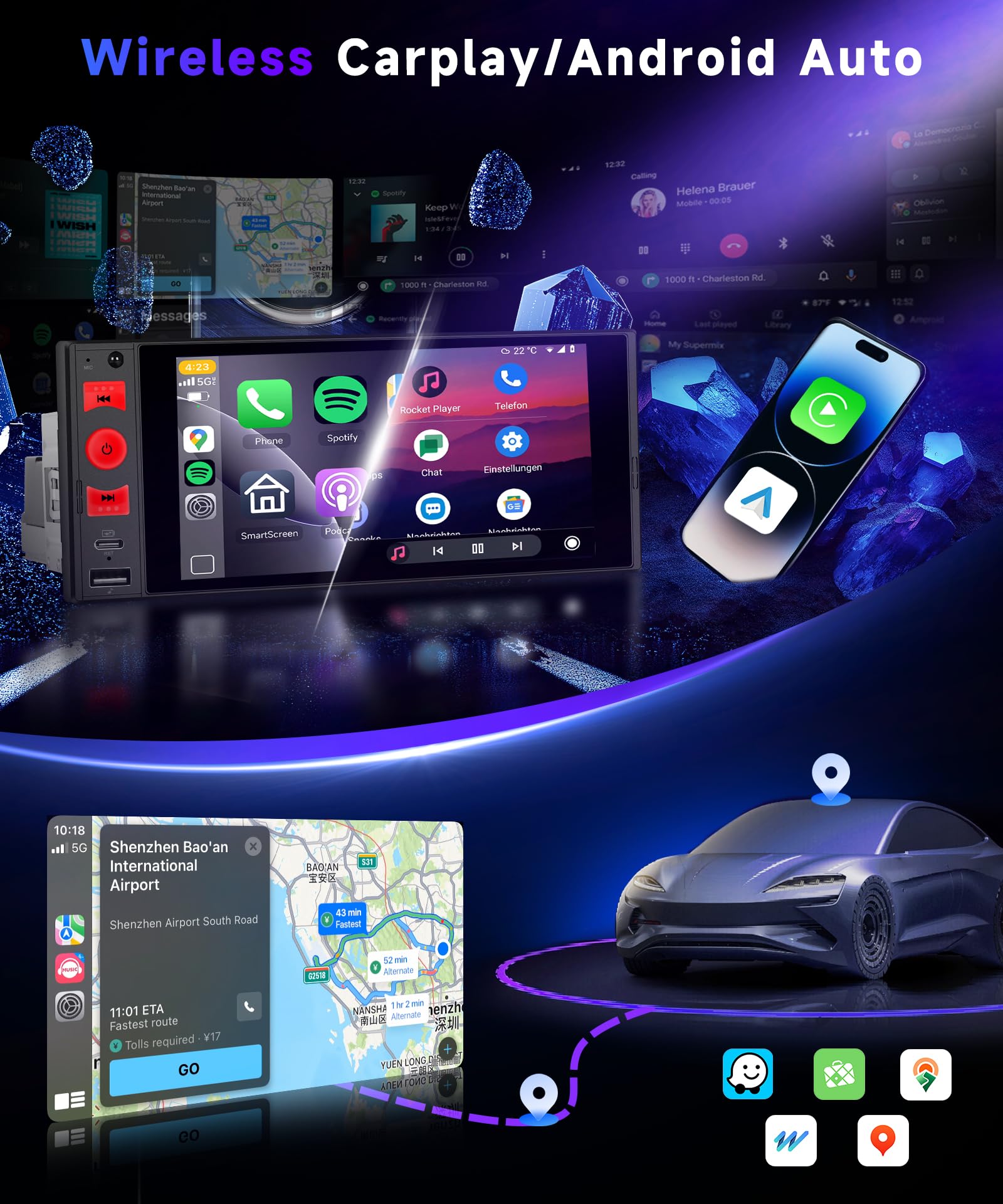VECHTEL 4G+64G Android 15 Radio samochodowe 1 Din z bezprzewodowym samochodem Android Carplay, 6-calowy ekran dotykowy HD, obsługa Bluetooth 5.0 GPS Wi-Fi radio FM RDS łącze lustro USB/typ C kamera
