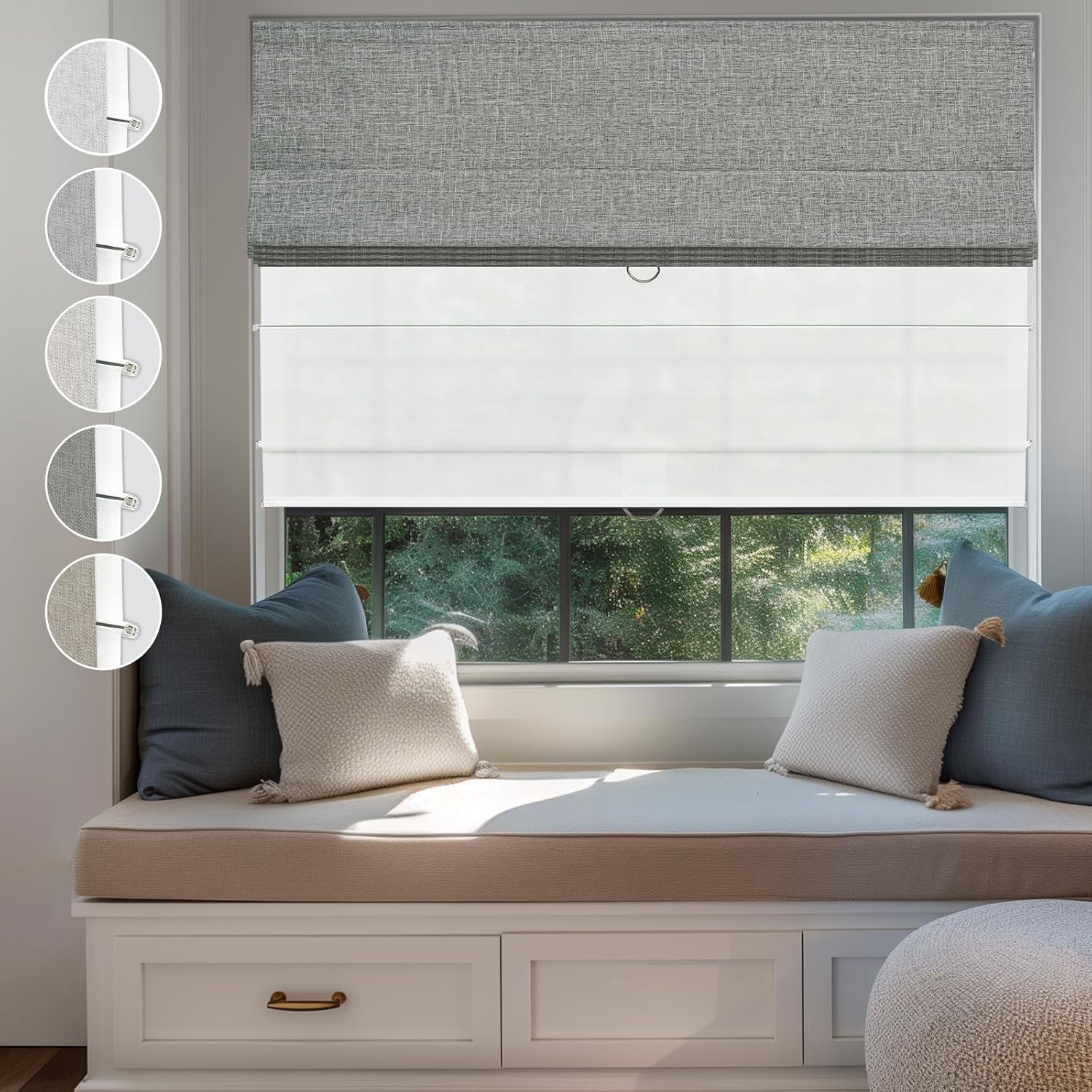 Keego Day Night Roman Shades,2 in 1 Blackout & Light Filtering,Cordless Linen Roman Blinds for Windows,Noise Reduction,Thermal Insulation, Privacy Protection,Custom Size Dark Gray