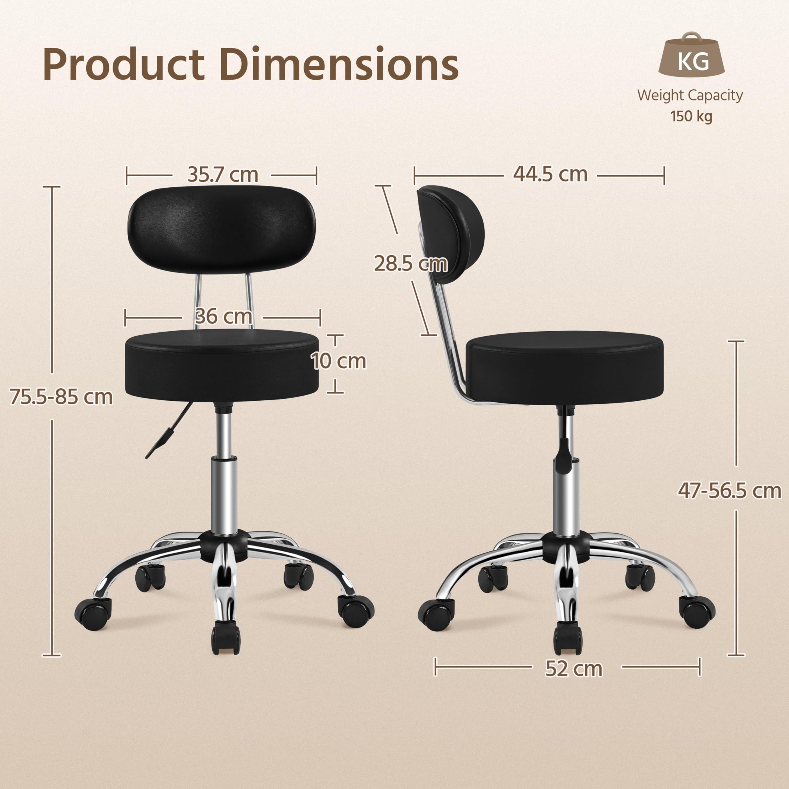Yaheetech Taburete de Peluquería, Silla de Peluquería, Taburete Alto con Respaldo, Altura Regulable, Giratorio 360º, para Manicura, Pedicura, Tatuajes Negro