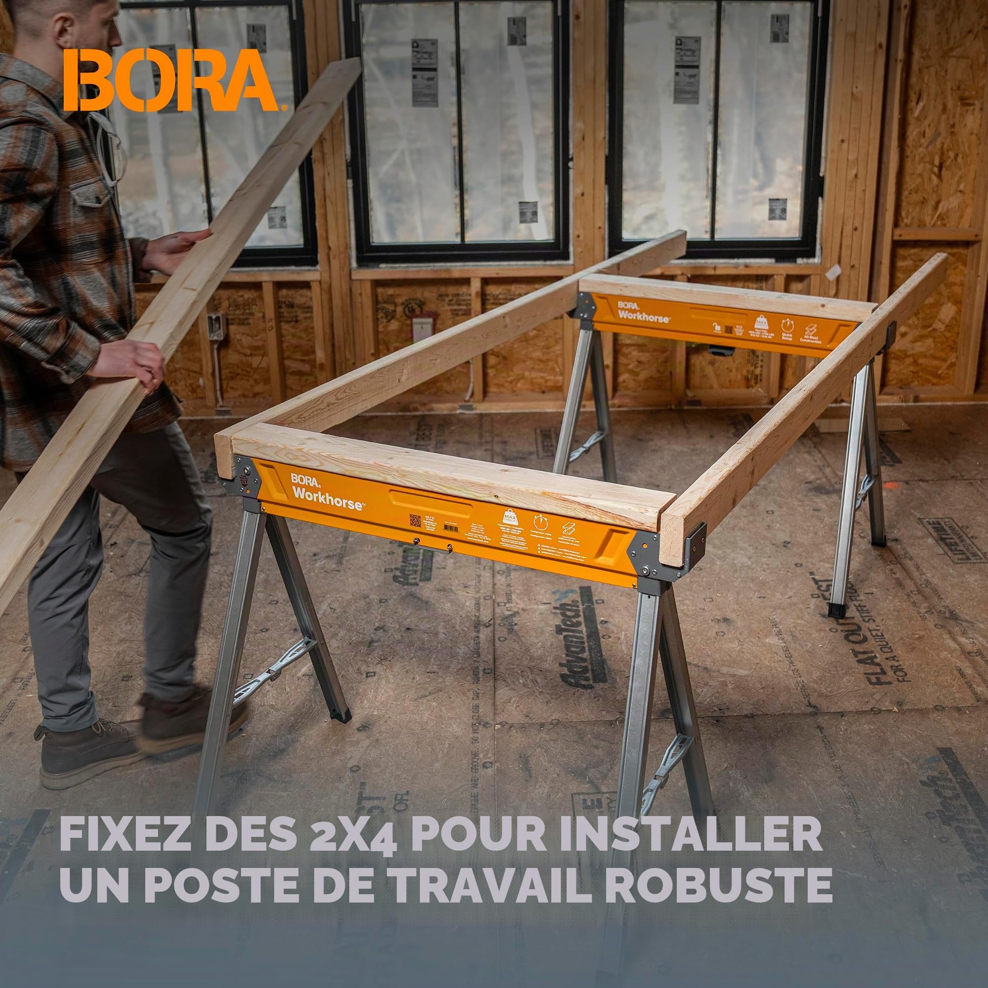 Bora Workhorse PM-3350 Chevalet de sciage avec pieds pliants, dessus en métal pour 2 x 4, chevalet de sciage professionnel robuste pour travail du bois, charpentiers, entrepreneurs