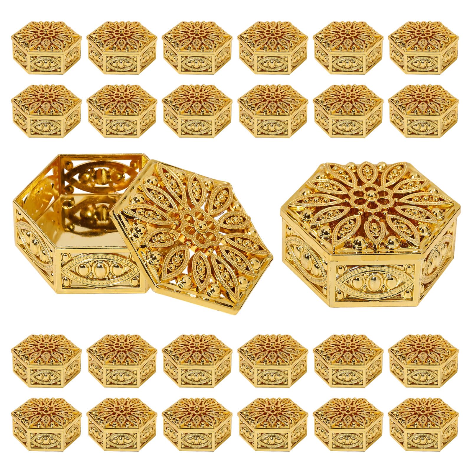 CONCHLERY 36 Pcs Hexagon Candy Boxes Bulk Gold Hollow out Hexagon Box Decorative Candy Containers Golden Box for Wedding Housewarming Christmas