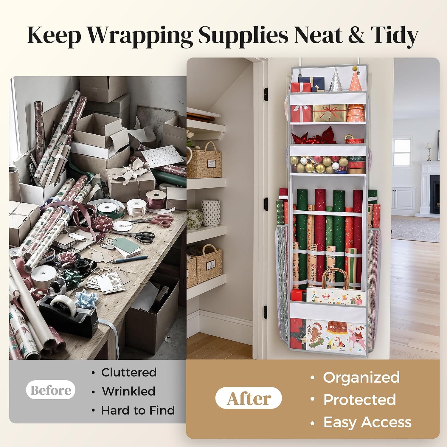 Wrapping Paper Storage Organizer – Over The Door Hanging Gift Wrap Holder for 15-30" Rolls, Space Saving Closet Organizer for Christmas, Halloween, Birthday with Side Mesh Pockets White