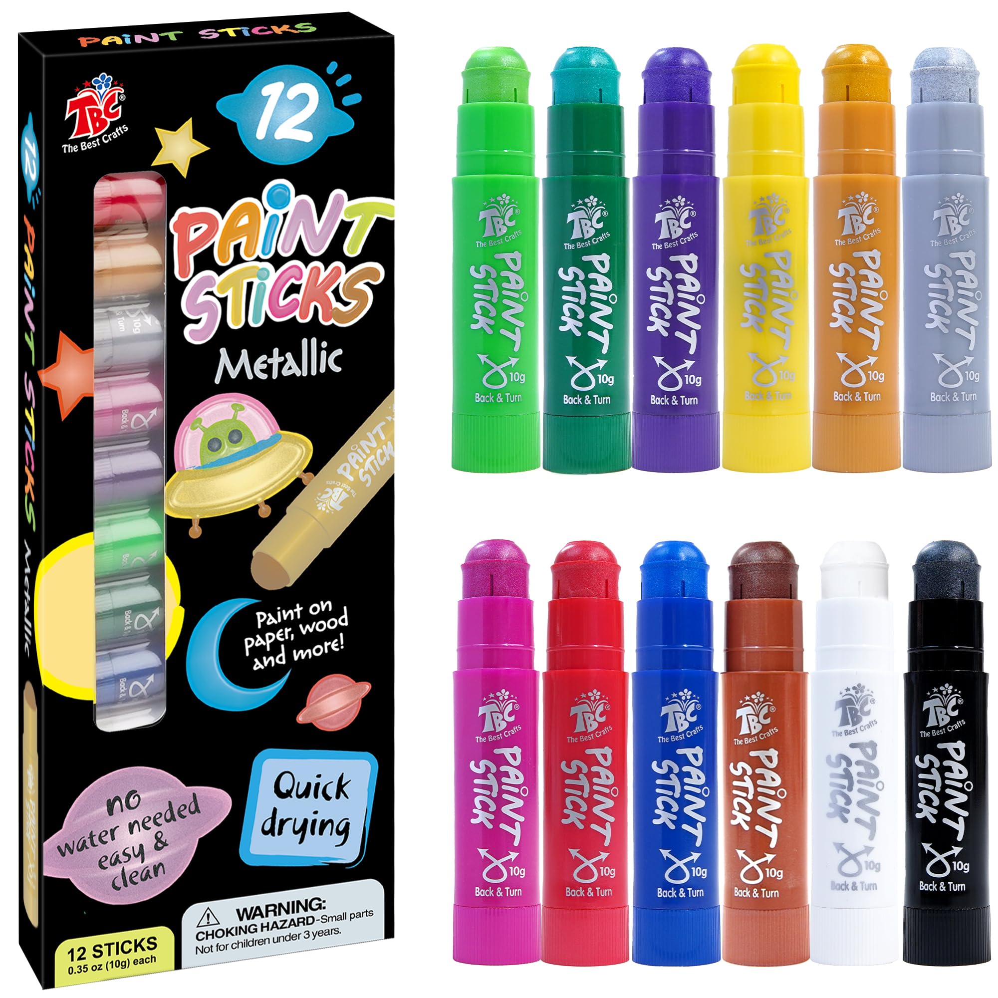 TBC The Best Crafts Paint Sticks,12 Colors Metallic, Washable, Non-toxic, Tempera Paint Sticks for Kids and Students