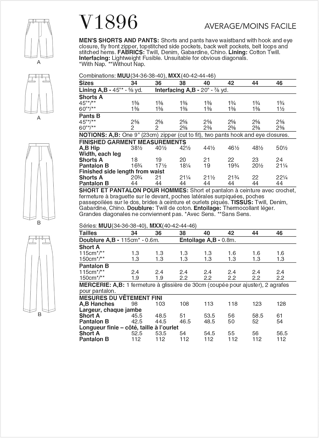 Vogue Men's Shorts and Pants Sewing Pattern Kit, Design Code V1896, Sizes 34-36-38-40