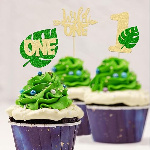 Miniatura 5 de Paquete de 24 adornos para cupcakes con hojas de Monstera de safari en la selva, hojas de palma, decoración de pastel de primer cumpleaños para