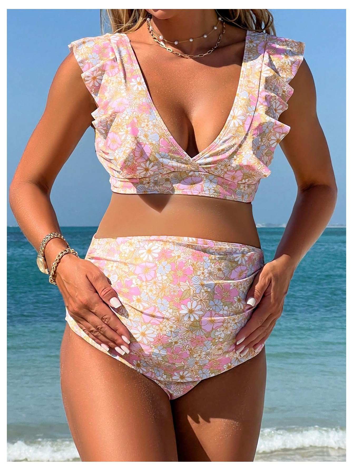 Costumi da Bagno Floreali Premaman da Donna con Scollo A V con Volant A Vita Alta Set Bikini Costumi da Bagno Gravidanza Multicolore Piccolo