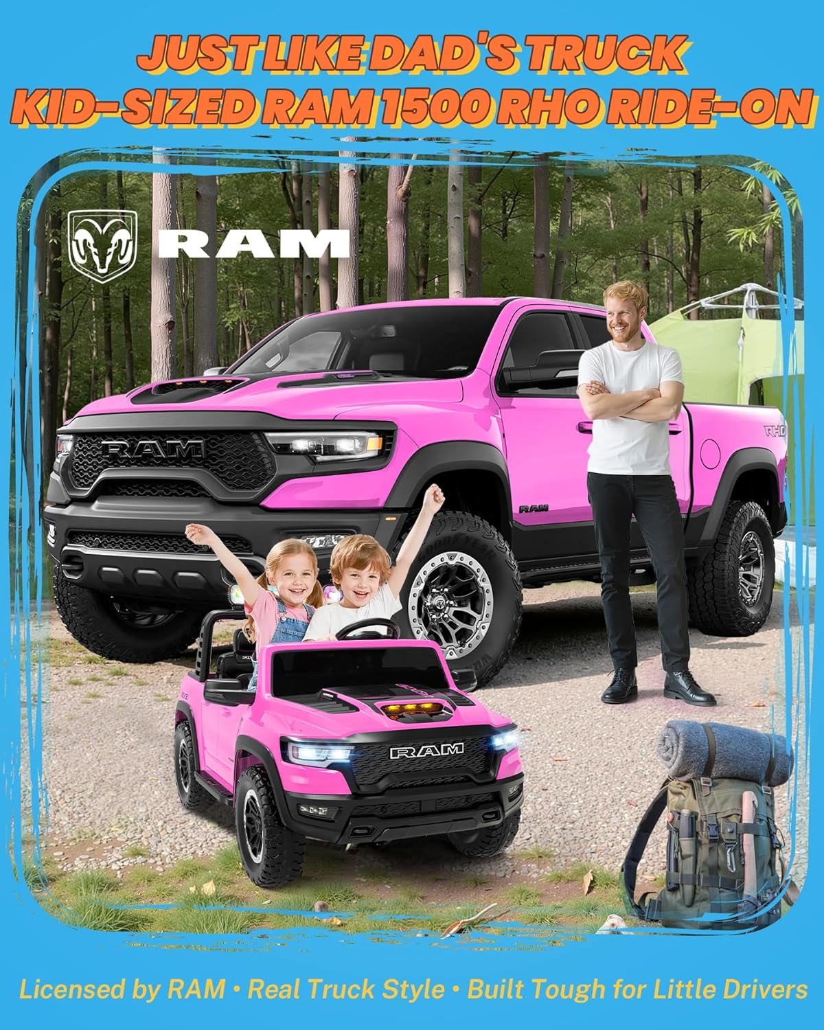 ENYOPRO 24V Ride on Toys for Kids 4-8, Licensed RAM 1500 RHO 2 Seater Kids Ride on Car w/Parent Remote, Power Pedal & Shock-Absorbing Wheels, Truck Bed Storage, Bluetooth, LED Lights, 2 Speed (Pink)