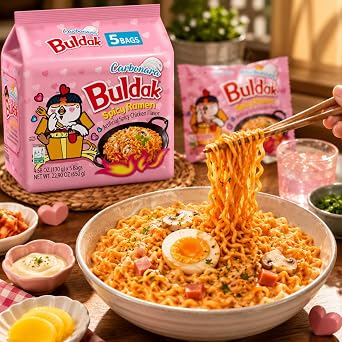 Buldak Noodles Carbonara and Hot Chicken Flavor Ramen 10 Pack (Pack 5 Each Flavour) - Ramen Instant Noodles Excellent for Snack and Soups