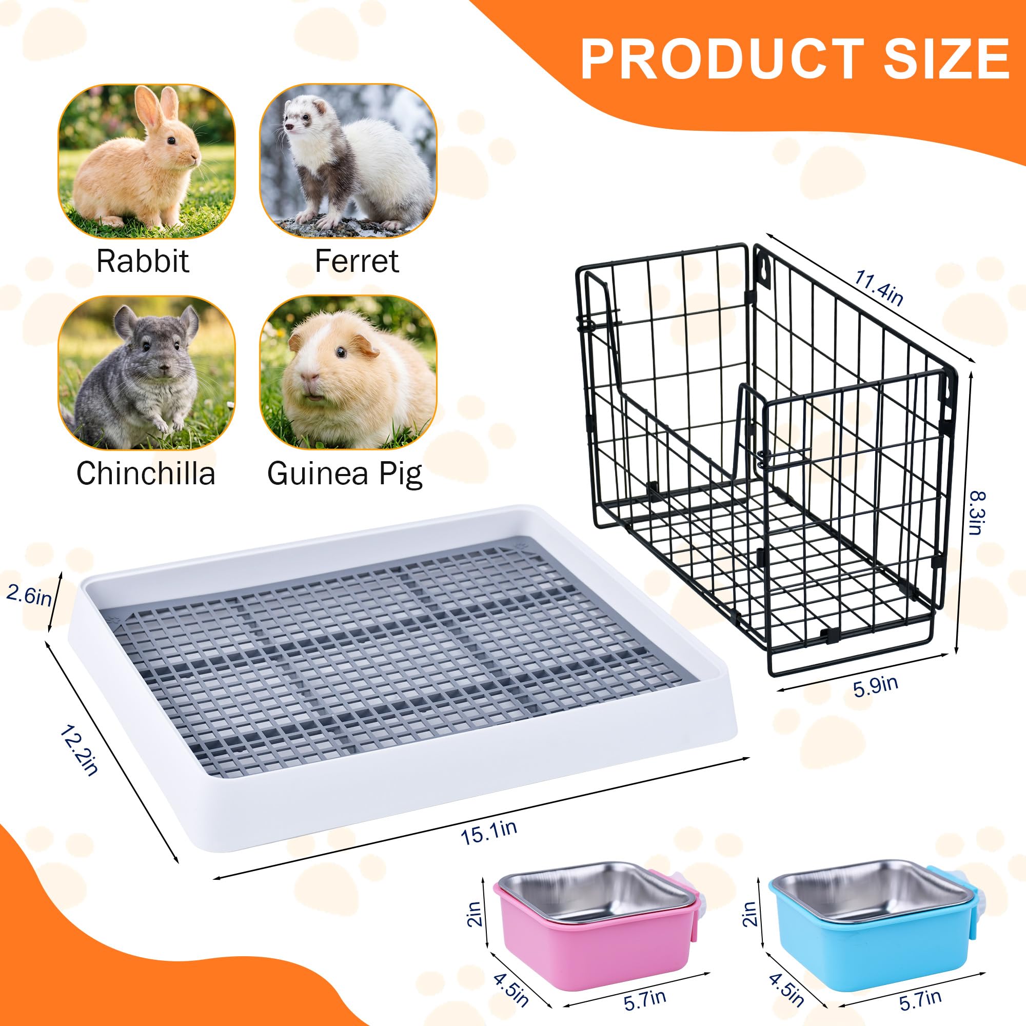 Lettiera per conigli con mangiatoia per fieno, fodera usa e getta per gabbia, in acciaio inox, per piccoli animali domestici, vasino per conigli, porcellini d'India, cincillà, furetto