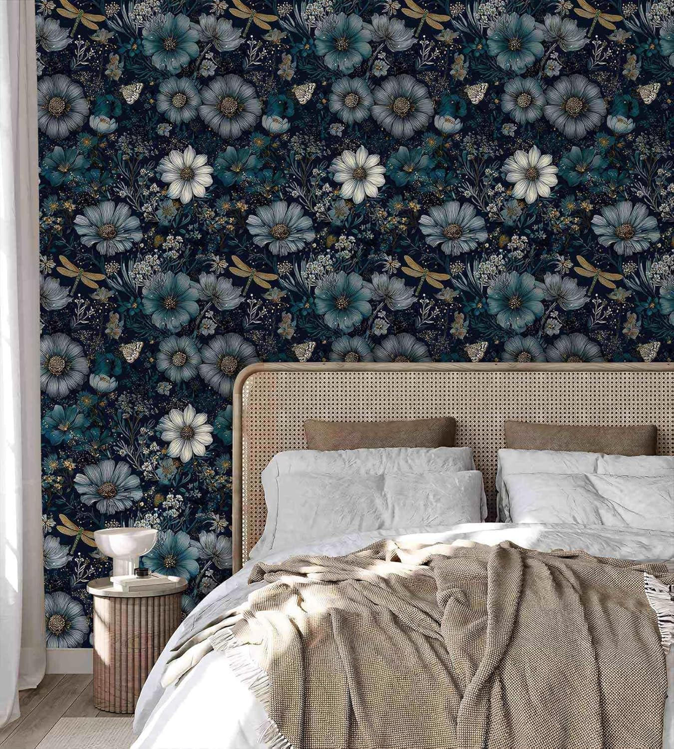 Dark Floral Peel and Stick Wallpaper, Blue Flower Wallpaper for Home Decor | Self-Adhesive, Waterproof Vinyl, 17.7" x 236"