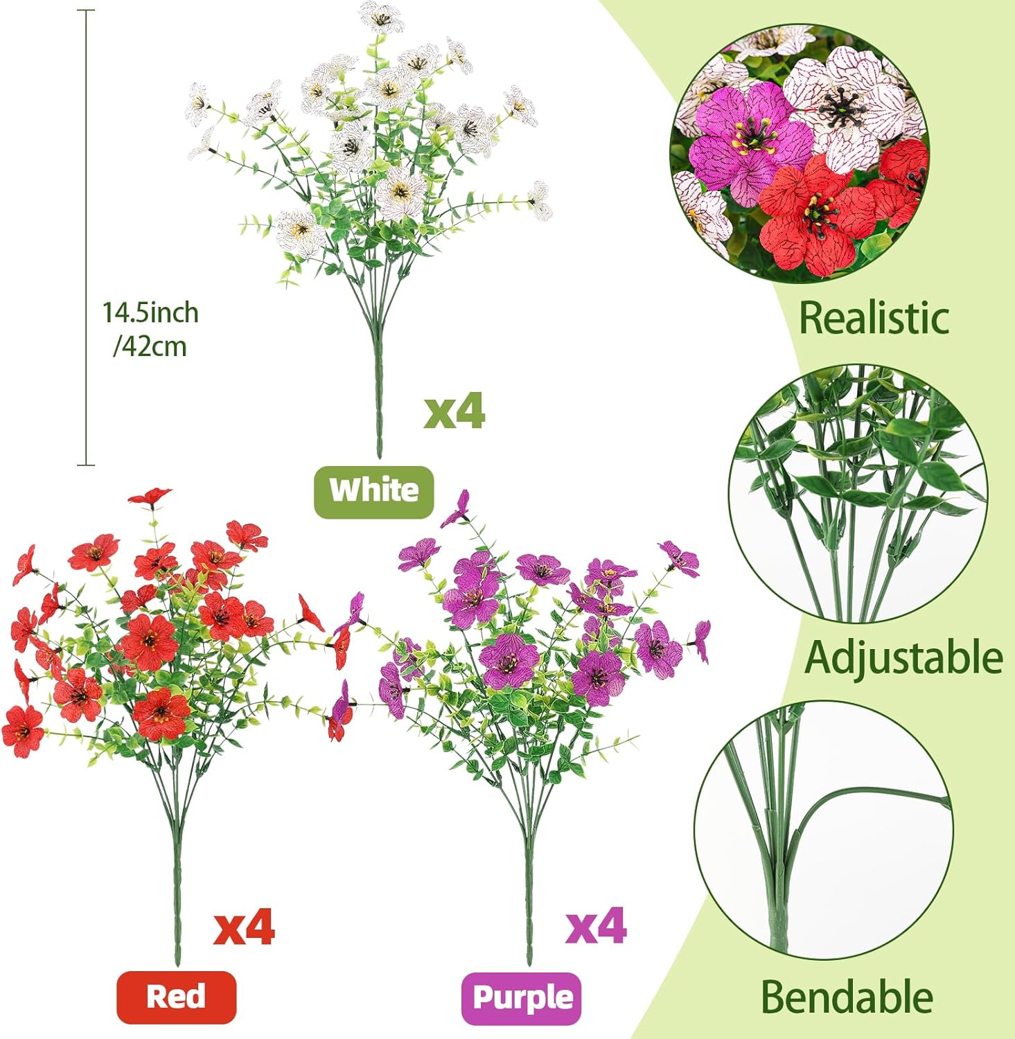 Artificial Spring Flowers Outdoors Faux Plants UV Resistant Plastic Flowers Outdoors Fake Greenery Plants Outside for Garden Porch Planters Silk Flowers Daisy Decor, 12 Bundles (Mix White Red Purple) - Image 2