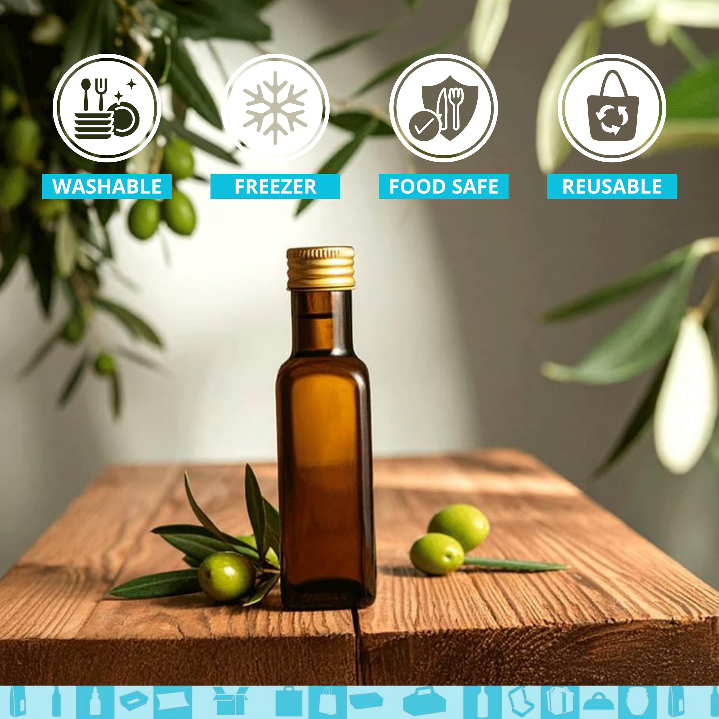100 mini botellas de cristal oscuro de 100 ml con tapón de rosca dorado + 100 cajas – botellas pequeñas para aceite de oliva, vinagre, alcohol – frasco para muestras