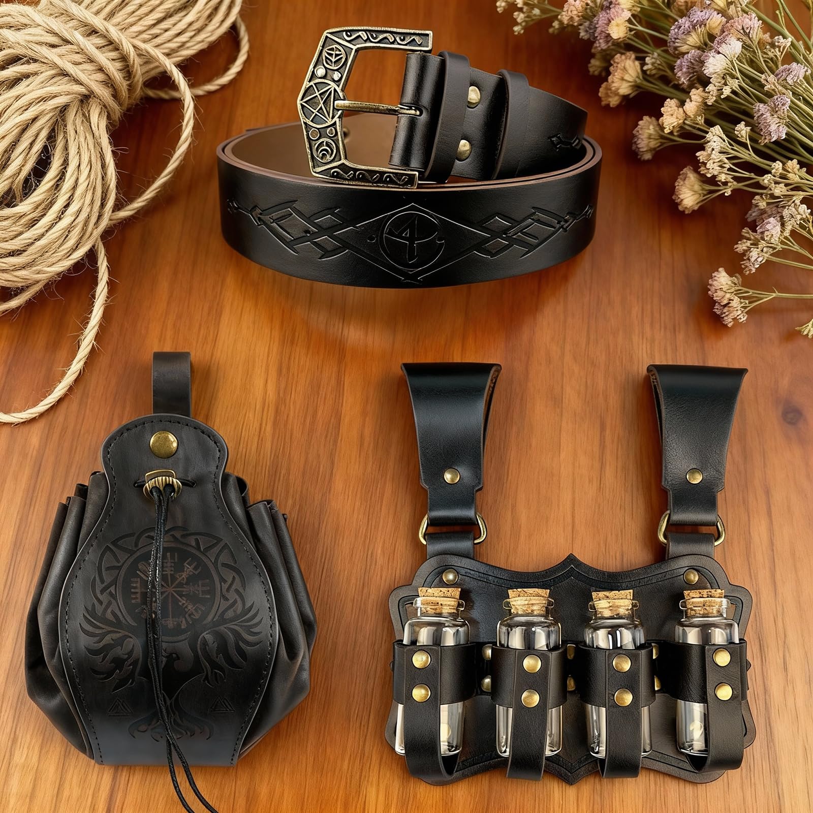 Juego de cinturón medieval con riñonera y varias botellas de poción, riñonera vikinga, piel sintética, diseño de magia, botella de poción mágica para cosplay, carnaval