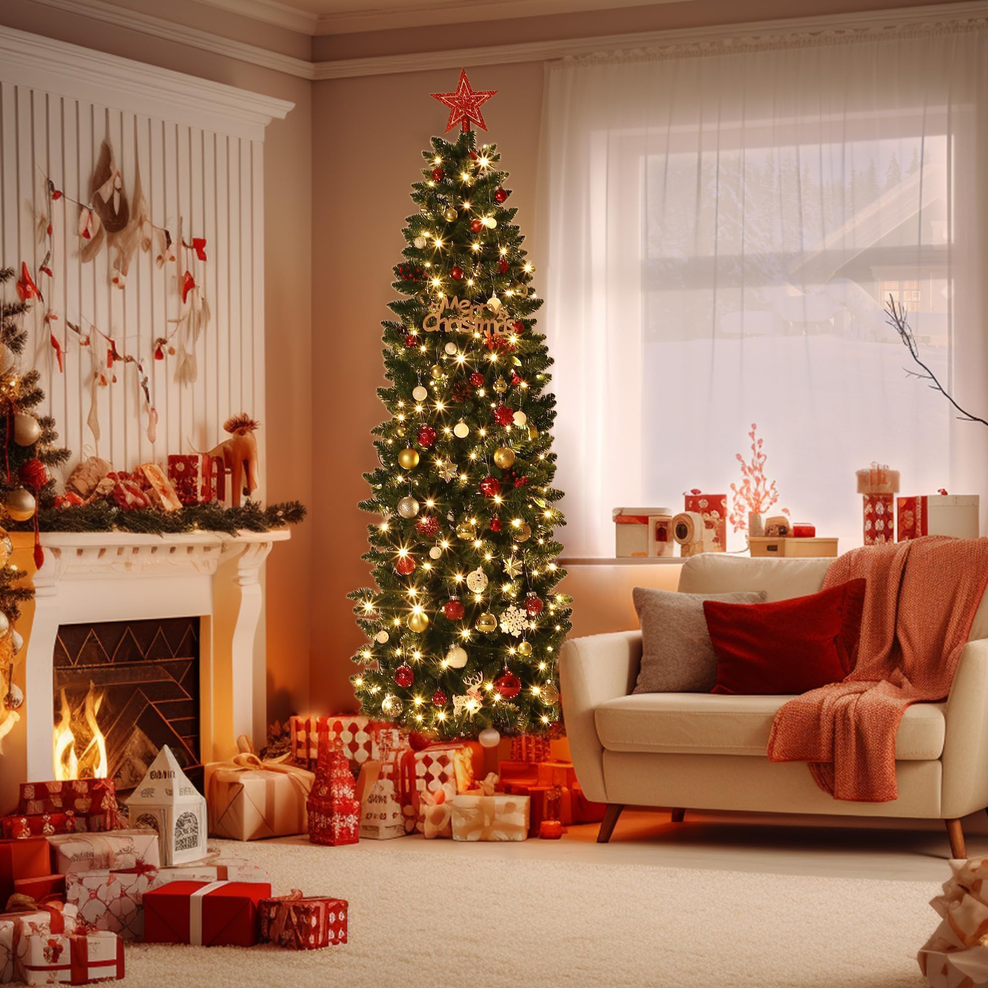 Albero di Natale Artificiale Pre-illuminato 230 cm con 250 LED Dimmerabili - 750+ Punte Verdi in PVC - Base in Metallo Stabile - 7.5FT