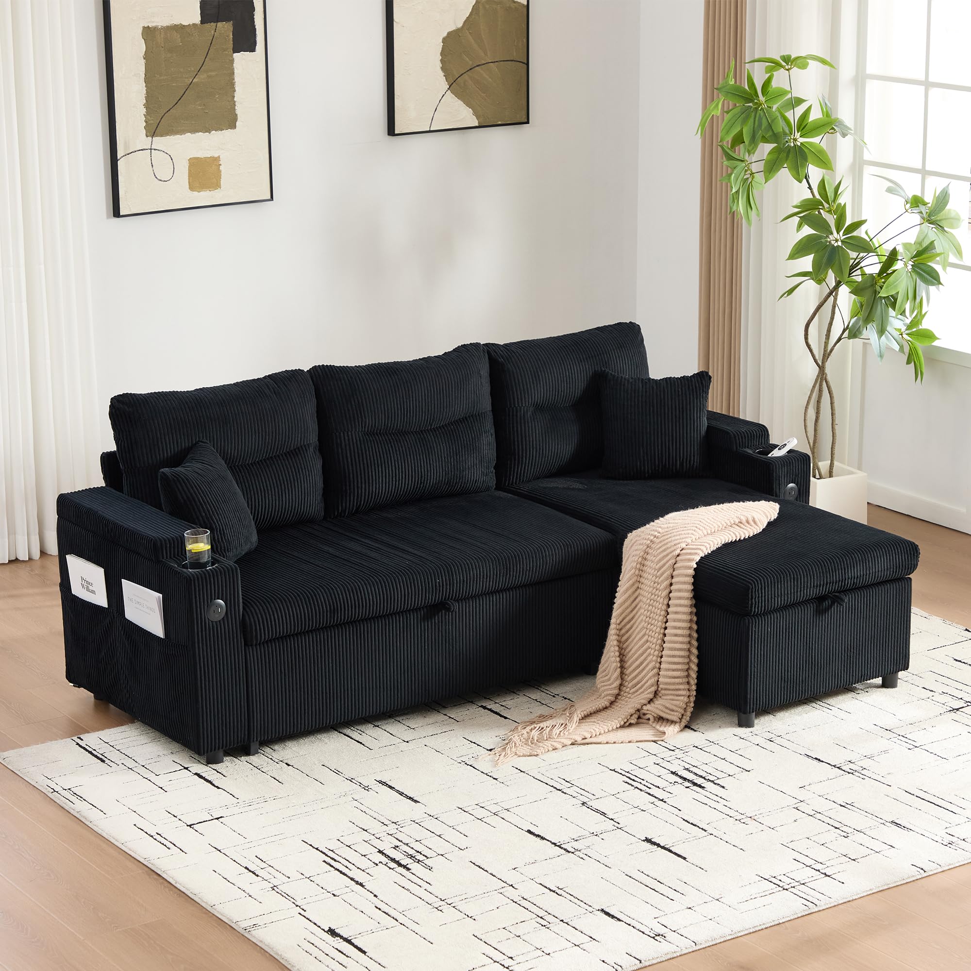 Moderno Chaise Longue Sofá Cama 3 Plazas con USB-C, Rinconera con Arcón Almacenaje y Portavasos, Sofá Cama de Pana Extraíble con Canapé Hidráulico, 212cm Mueble Salón, Negro