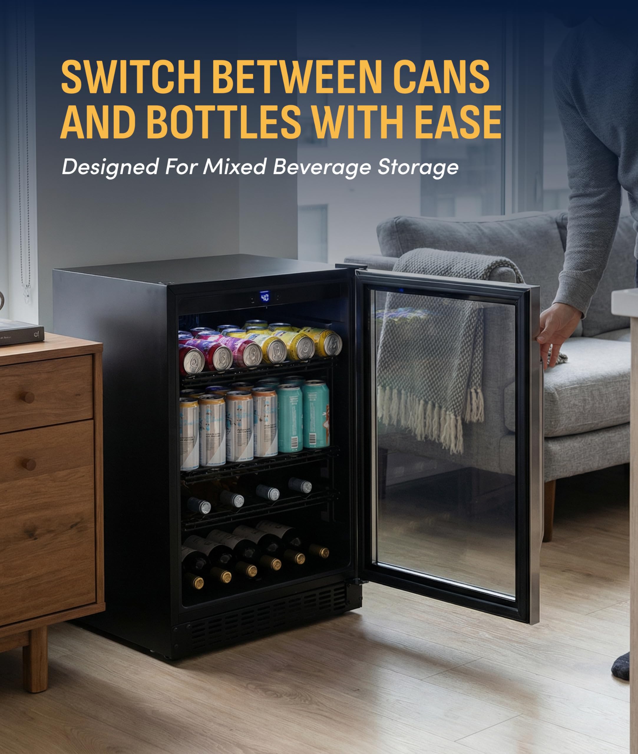 NewAir 24" Single Zone Beverage & Wine Fridge | Beverage & Wine Refrigerator For 49 Bottles Or 179 Cans | Freestanding Or Built-In Under Counter Mini Fridge For Beer, Wine & Soda | Stainless Steel on Fridge.com - View 3
