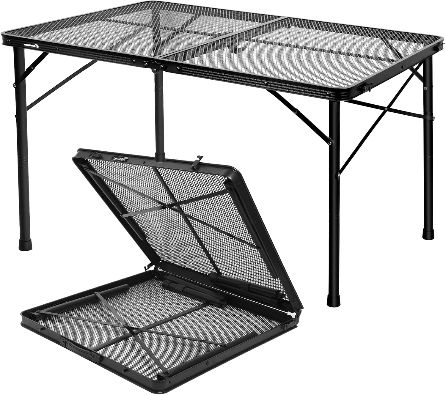 Folding Grill Table 4Ft Portable Camping Table, Lightweight Height Adjustable Metal Table with Mesh Desktop and Carrying Handle, Outdoor Table for Camping, Picnic, Beach and BBQ