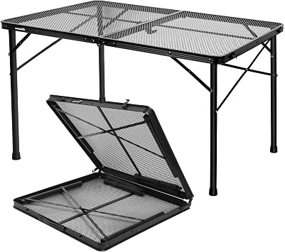 Folding Grill Table, 4x2 Ft Portable Camping Table, Lightweight Height Adjustable Metal Table with Mesh Desktop and Mesh Bag, Outdoor Table for Camping, Picnic, Beach and BBQ