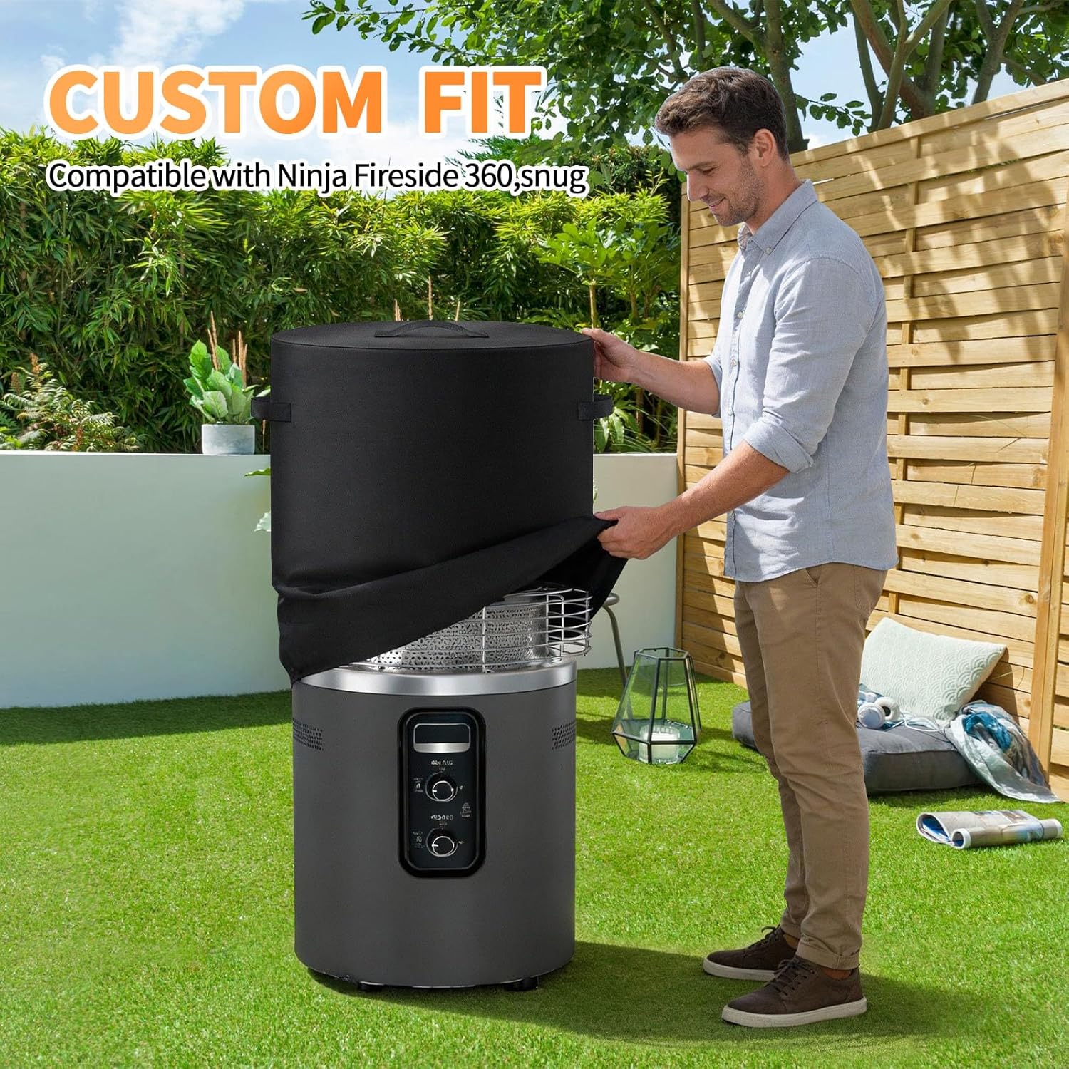 Fire Pit Cover for Ninja Fireside360, 600D Oxford with PVC Backing, Water-Resistant Dust/Leaf Protection, Dual Handles, Dual Drawstring Hem — Fits for Fireside360 Fire Pit/24 D x 29" H