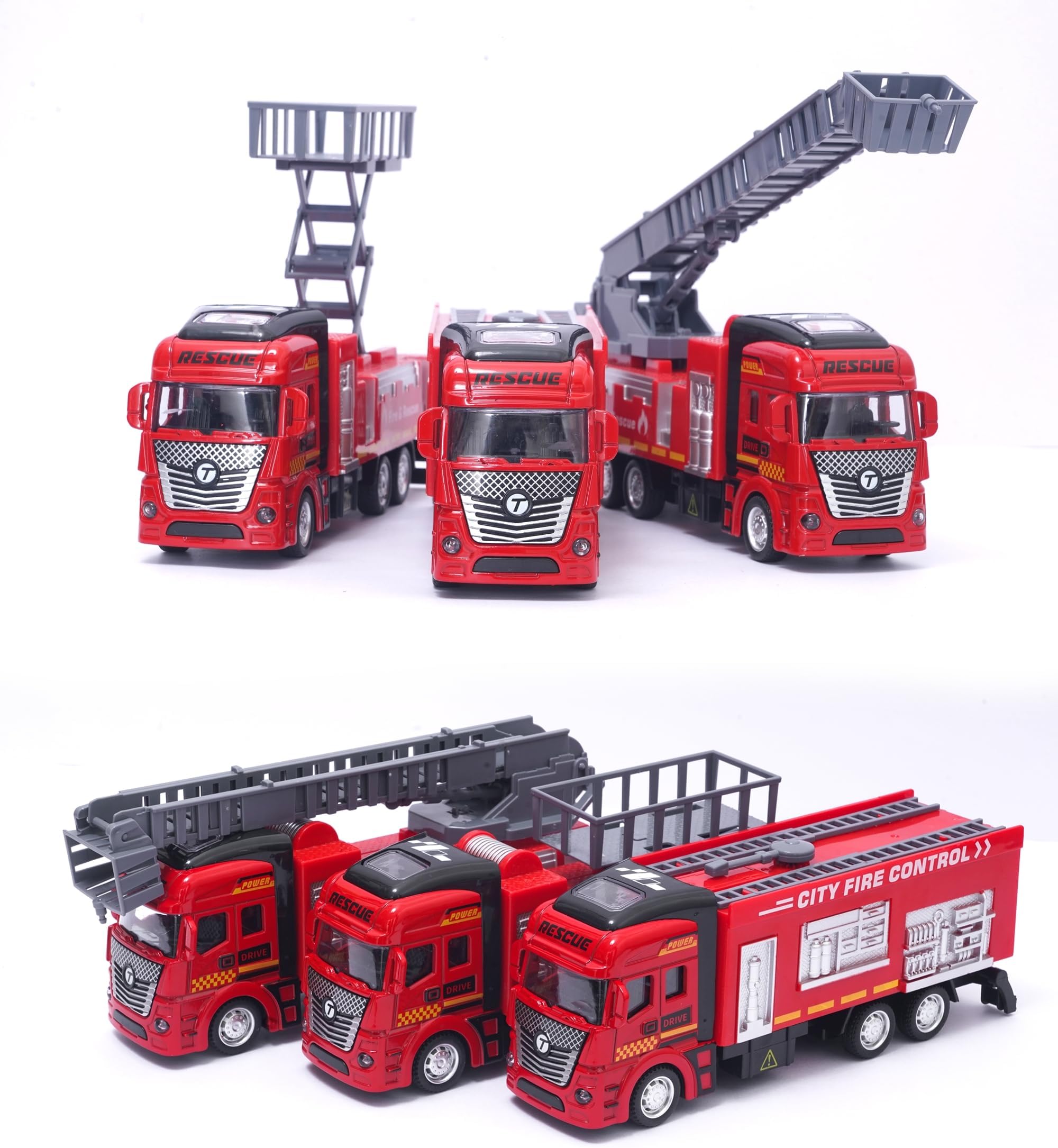 Die Cast Fire Truck Set of 3 With Pullback Action & Extendable Ladder | Rescue Truck | Red Fire Engine