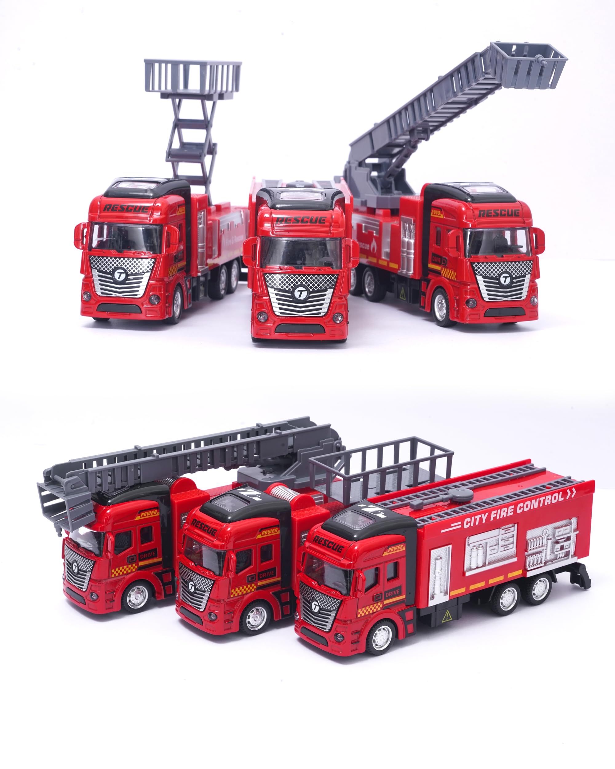 Die Cast Fire Truck Set of 3 With Pullback Action & Extendable Ladder | Rescue Truck | Red Fire Engine