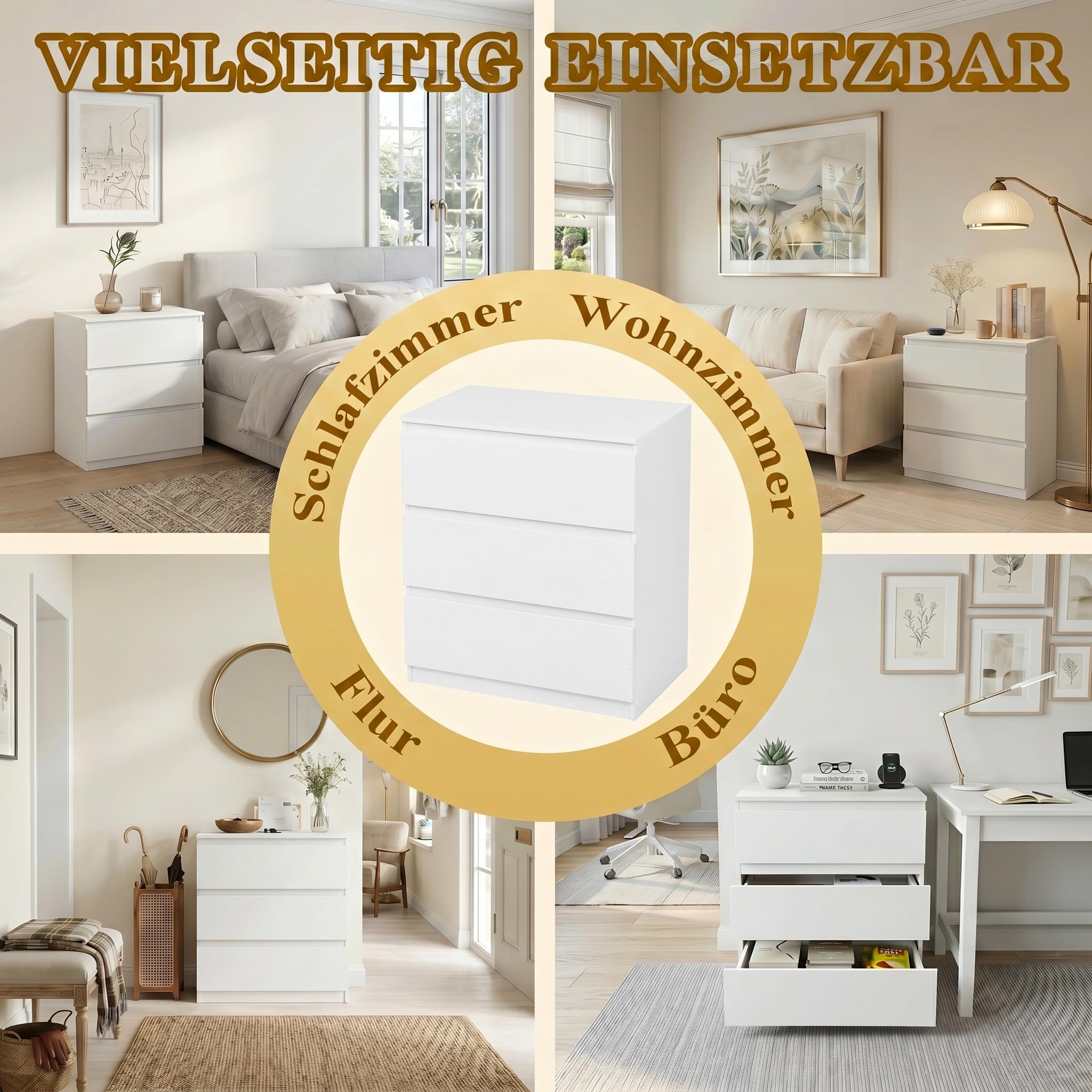 2er Set Komodenschrank für Schlafzimmer 60 cm Breit Kommode Weiß mit 3 Schubladen, Nachtkasten Schubladenkommode Kommode&Sideboard Komoda Weiss für Büro Wohnzimmer Schlafzimmer Flur Möbel(60x40x70CM)