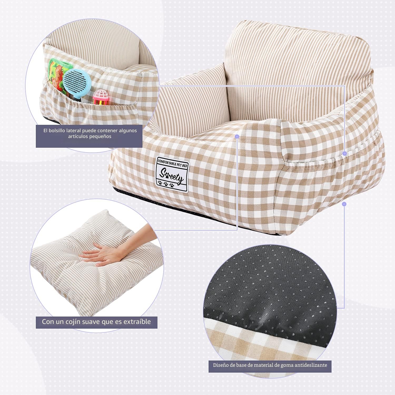 PETEPELA Asiento para coche para perros con cinturón de seguridad estable, elevador de asiento suave, impermeable, antideslizante, para perros pequeños y medianos, color beige