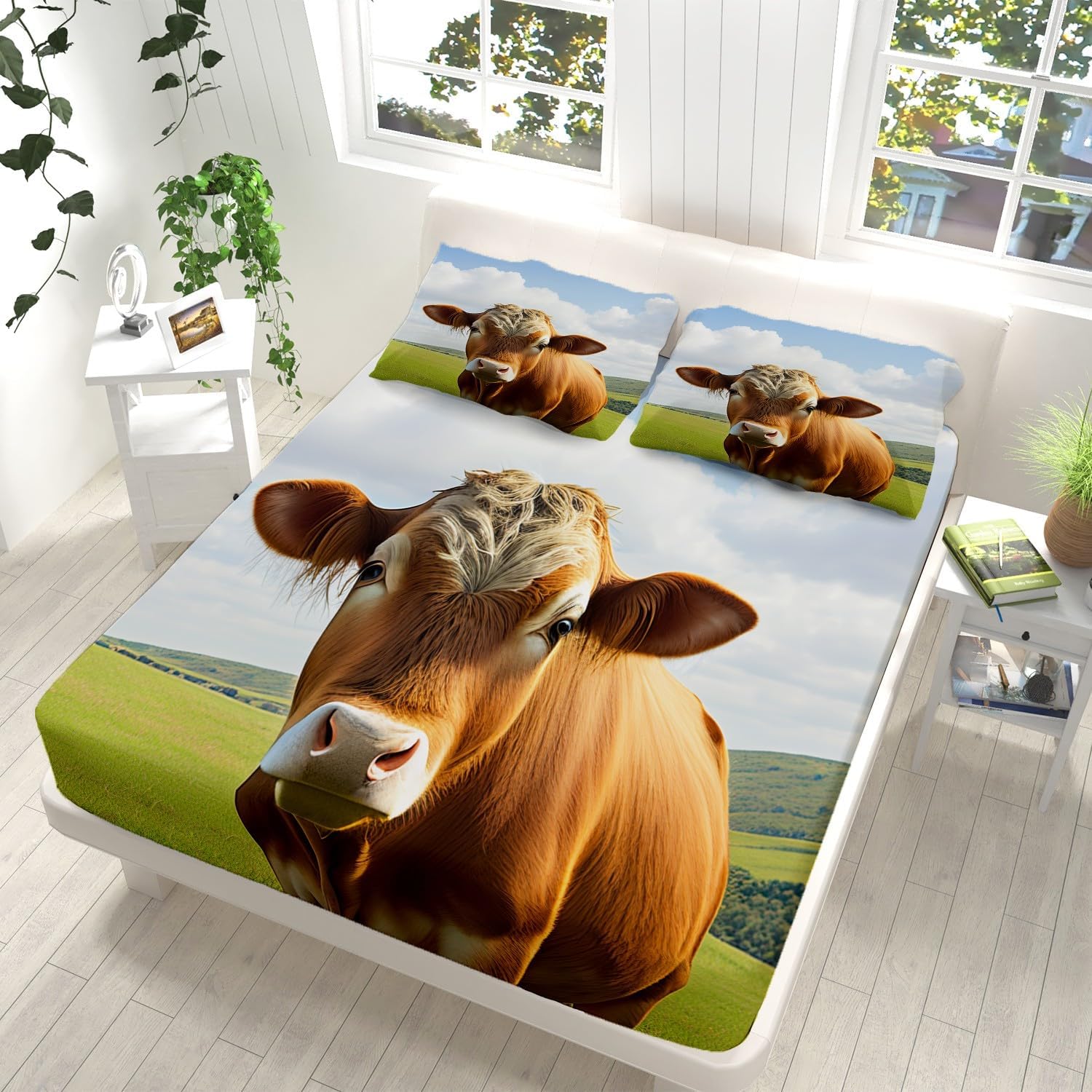 Animal Alpine Cow Queen Sheets Set Fitted Flat Sheet & Pillowcase Sets 4 Piece, Bed Sheets Brushed Microfiber Soft and Breathable, Deep Pocket Fitted Sheet Easy Care