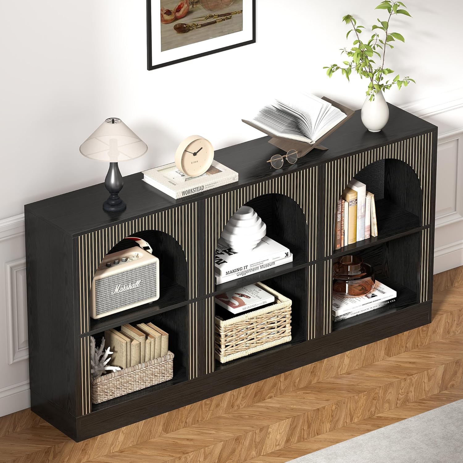 Detailed view of the console table's construction, highlighting the MDF board, carved line design, arched design, and stable structure.