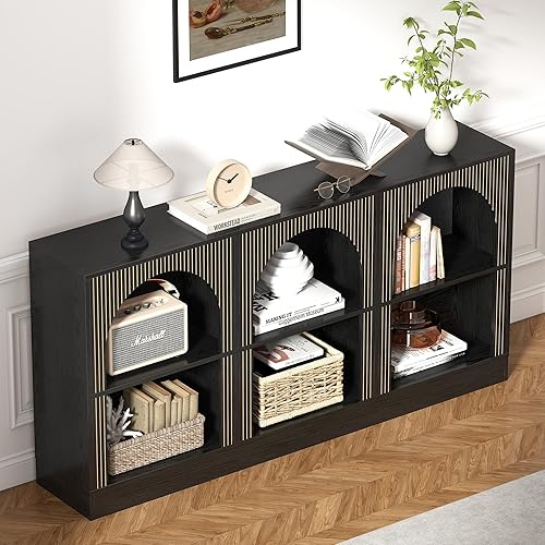 Miniatura 9 de Juego de 2 mesas consolas, mesa de entrada arqueada extra larga de 126 pulgadas con almacenamiento abierto de 3 niveles, mesa rectangular de madera