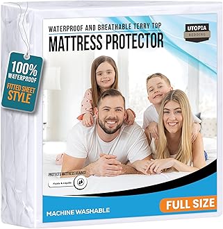 Full Size Mattress Protector Waterproof, Premium 200 GSM Terry Mattress Cover, Soft & Breathable Bed Cover, Fitted Sheet Style Stretchable Deep Pockets 15" by Utopia Bedding (White)