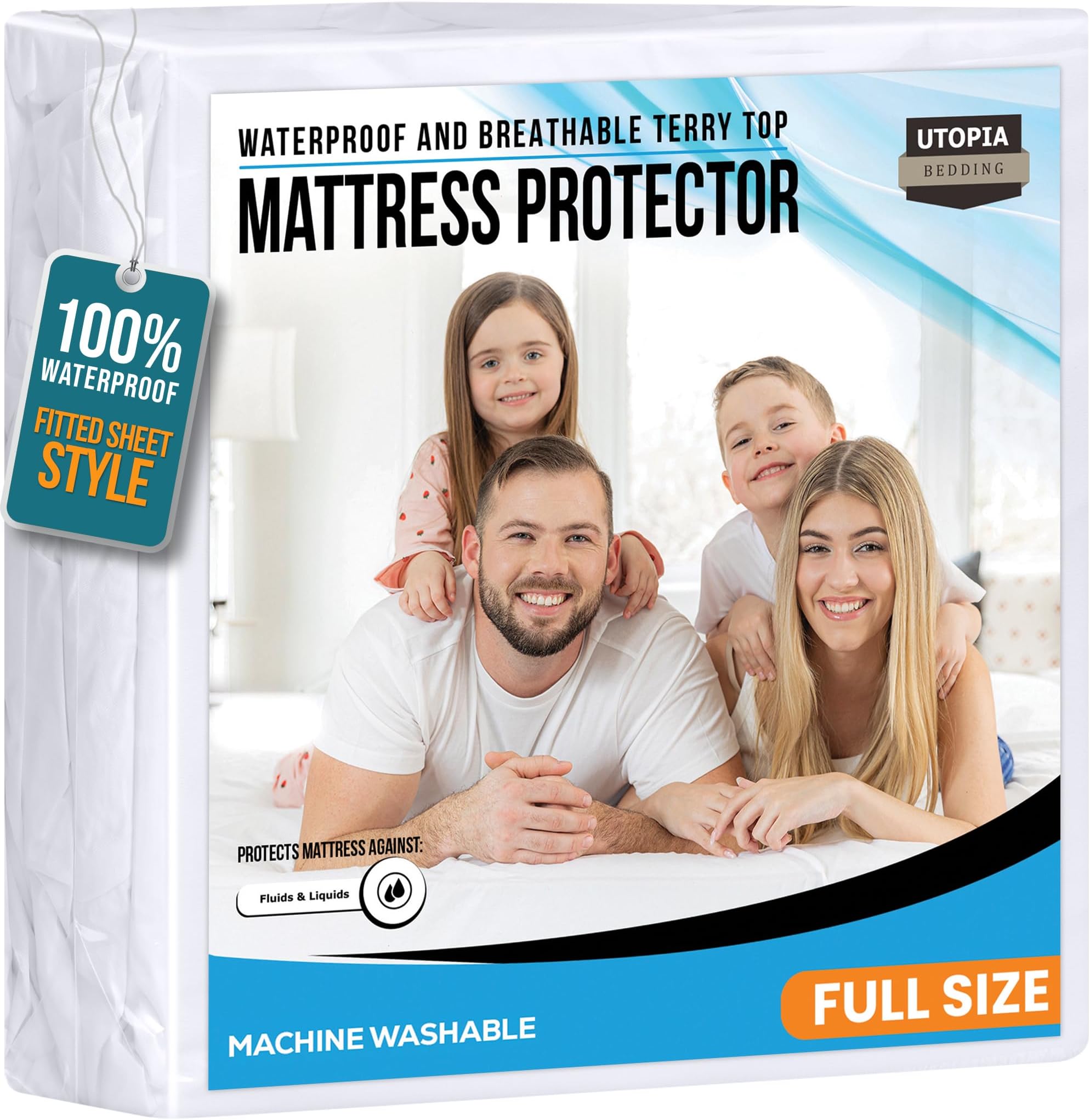 Full Size Mattress Protector Waterproof, Premium 200 GSM Terry Mattress Cover, Soft & Breathable Bed Cover, Fitted Sheet Style Stretchable Deep Pockets 15" by Utopia Bedding (White)