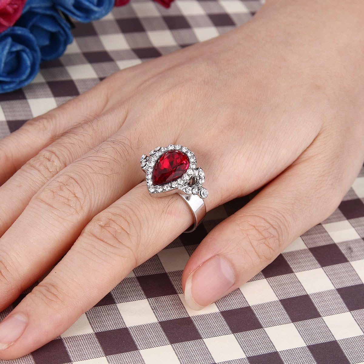 BriLove Wedding Bridal Necklace Earrings Bracelet Ring Jewelry Set for Women Crystal Floral Leaf Teardrop Y-Necklace Tennis Dangle Resizable Ruby Color Silver-Tone - Image 4