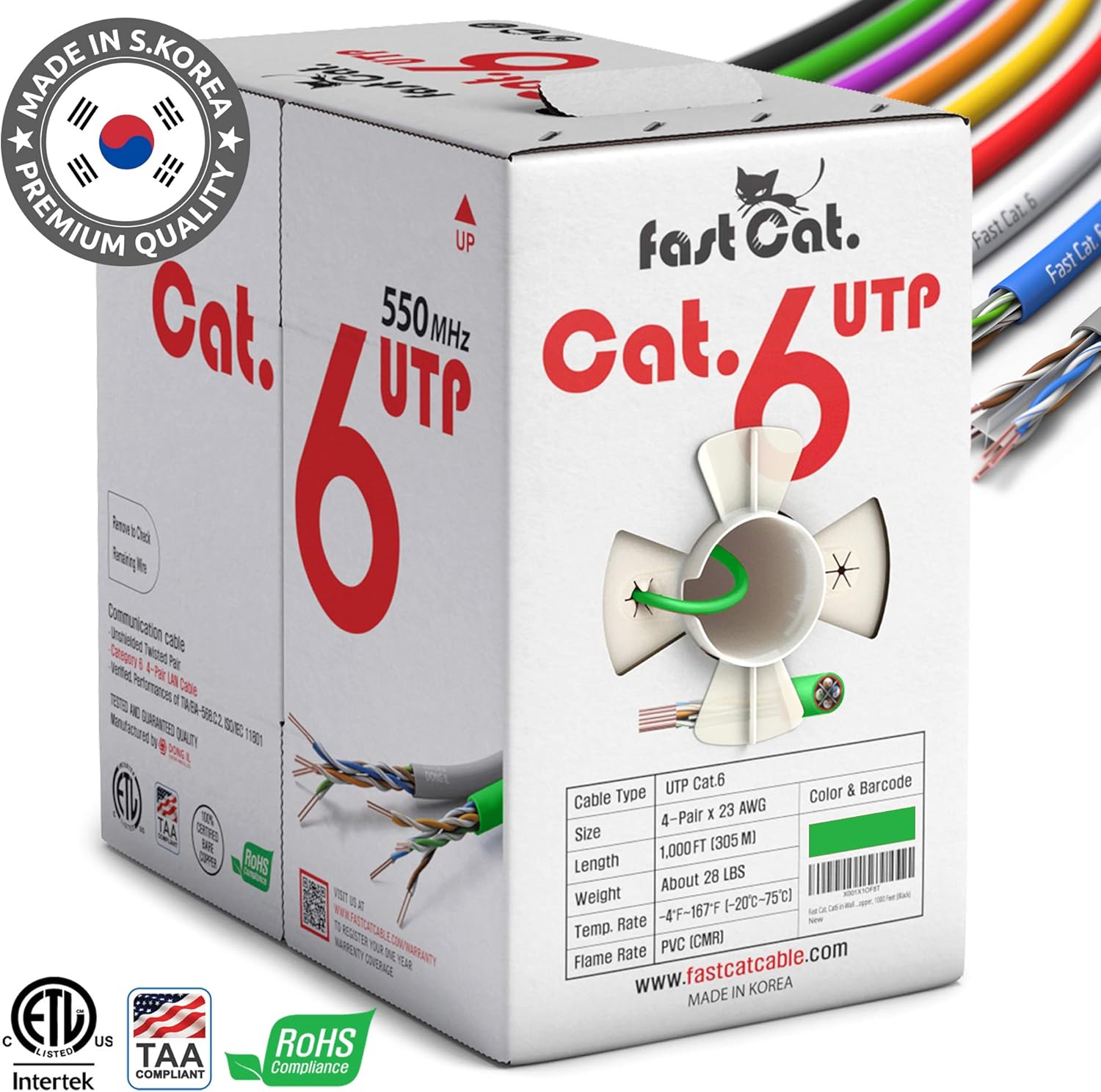 fast Cat. Cat6 Ethernet Cable 1000ft - 23 AWG, CMR, Insulated Solid Bare Copper Wire Cat 6 Cable with Noise Reducing Cross Separator - 550MHZ / 10 Gigabit Speed UTP LAN Cat6 Cable 1000ft - CMR (Green)