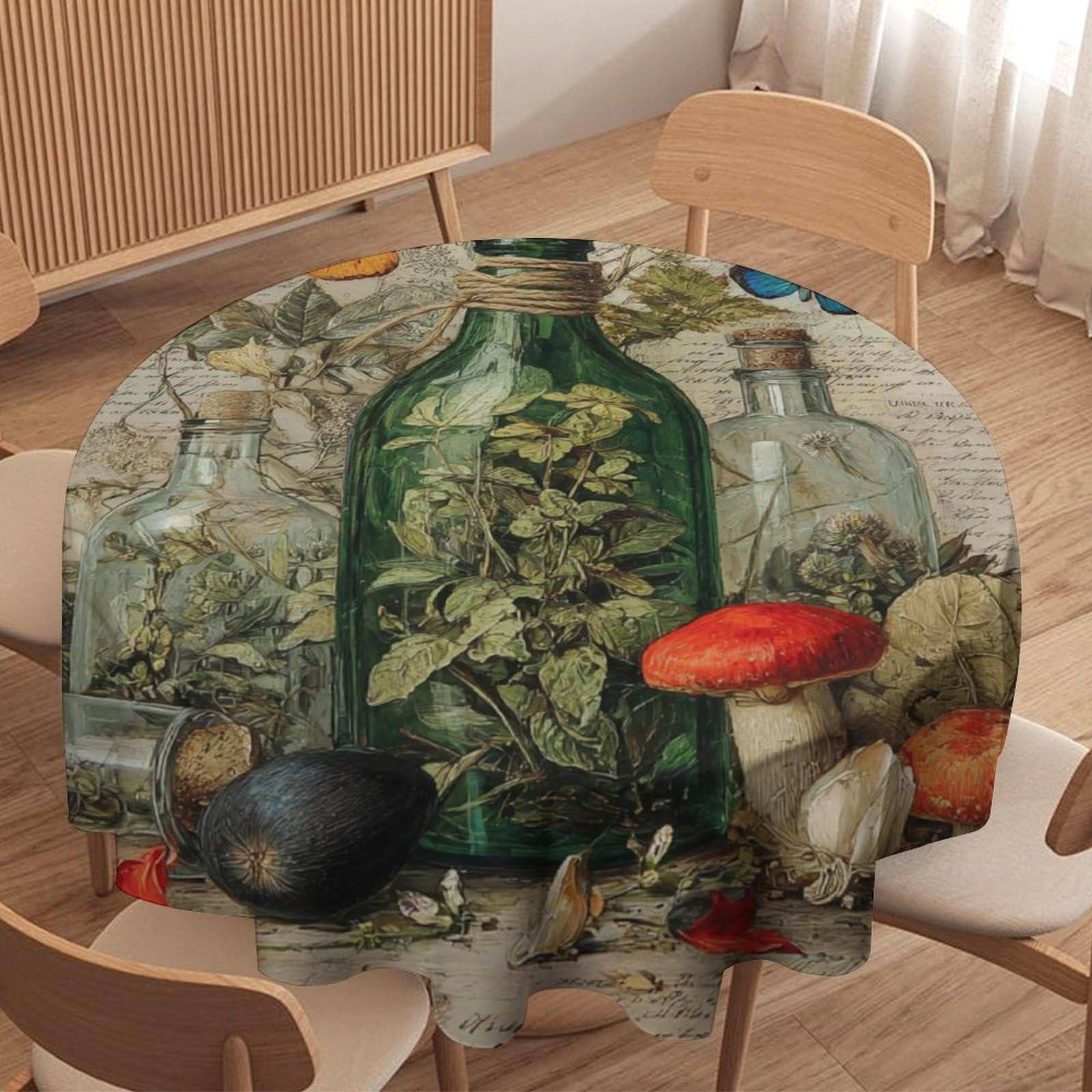 LUYYSKY Classic Vintage Green Bottle Waterproof Round Tablecloth Retro Oil Painting Botanical Mushroom Flowers Animal Butterflies Washable Table Cover for Kitchen-91.4" Wx91.4 L cm