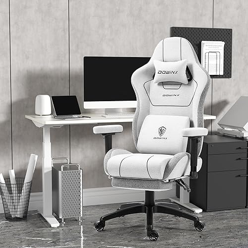 Miniatura 2 de Dowinx Silla de juegos de tela de lino con cojín de resorte de bolsillo, silla ergonómica para computadora con soporte lumbar de masaje y