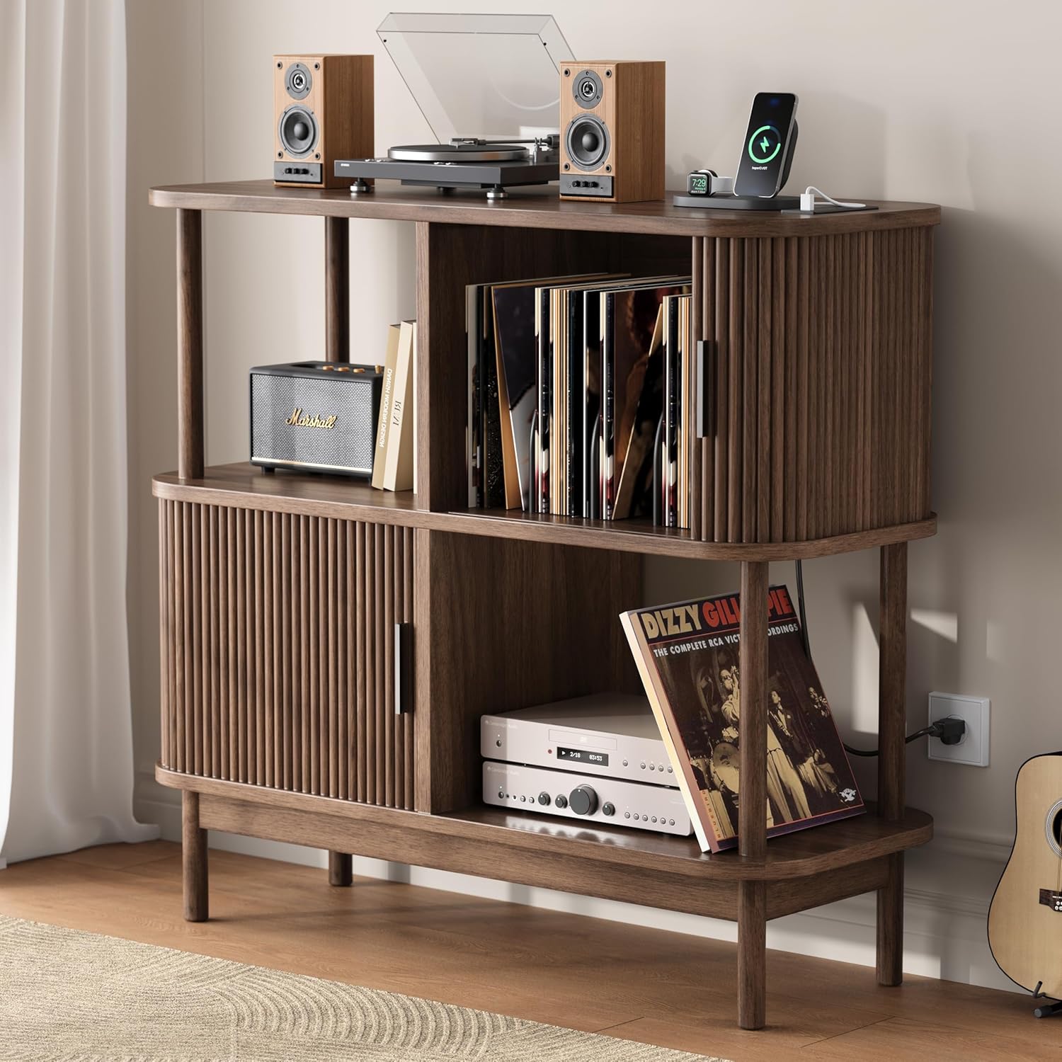 40" Large Record Player Stand with Charging Station, Mid Century Modern Turntable Cabinet with Sliding Doors, Wood Vinyl Record Storage Stand for Living Room Music Corner