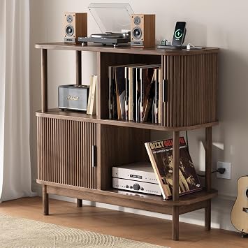 40" Large Record Player Stand with Charging Station, Mid Century Modern Turntable Cabinet with Sliding Doors, Wood Vinyl Record Storage Stand for Living Room Music Corner