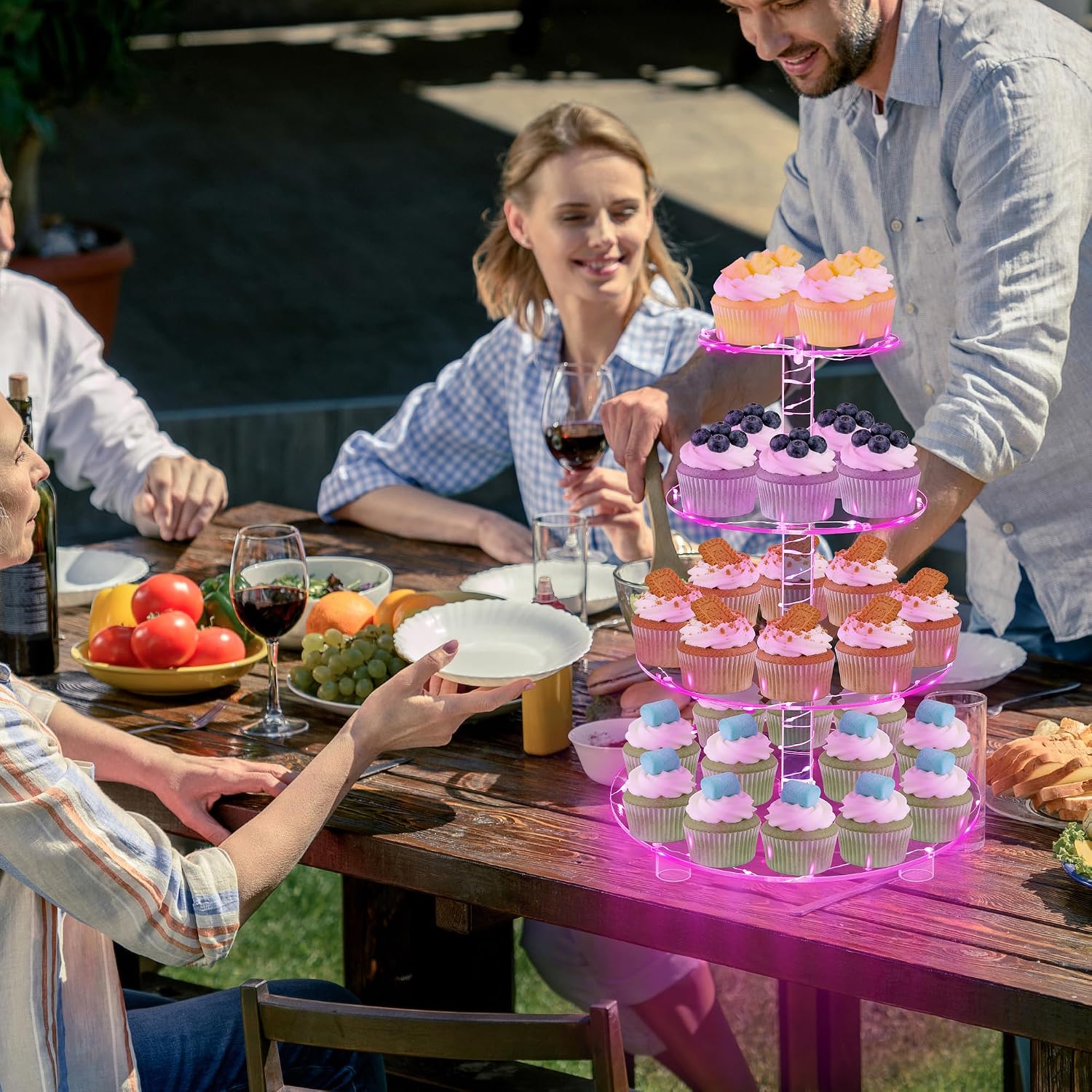 YestBuy 4 Tier Round Cupcake Stand – Premium Cupcake Holder – Acrylic Cupcake Tower Display – Acrylic Display for Pastry + LED Light String – Ideal for Weddings, Birthday Parties & Events (Pink) image 4