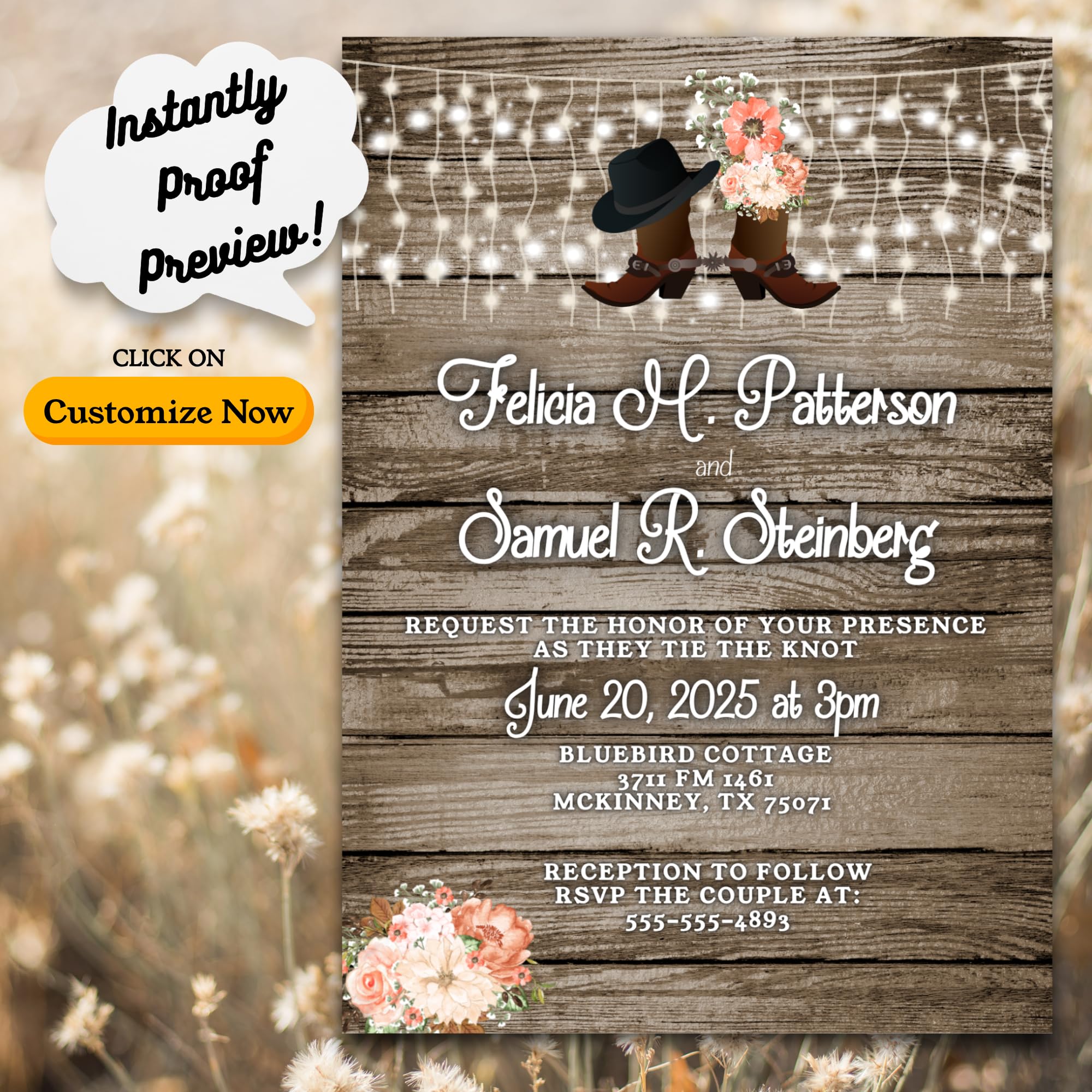 Country Rustic Personalized Boots Wedding Invitations Custom Printed Pink and Brown Invites with Envelopes