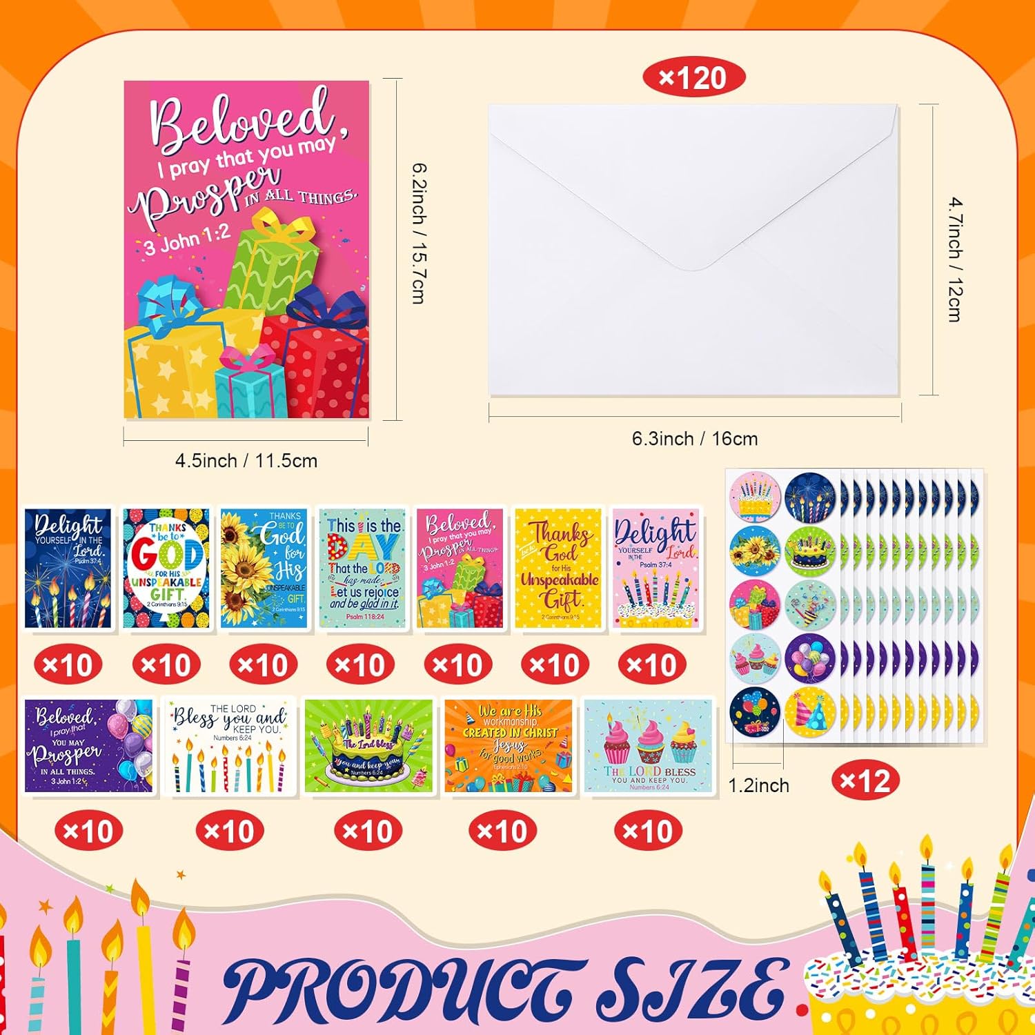 Motiskyy 120 Pack Religious Christian Birthday Cards Bulk with Scripture Bible Verse 4.5 x 6.2 Inch Assorted Christian Blessings Greeting Cards for Birthday with Envelopes and Stickers(Classic Style)
