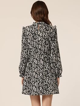 Allegra K Women's Vintage Floral Dress - Ruffled Stand Collar, Long Sleeve, Belted Midi Dress With Daisy Print (Black/White)