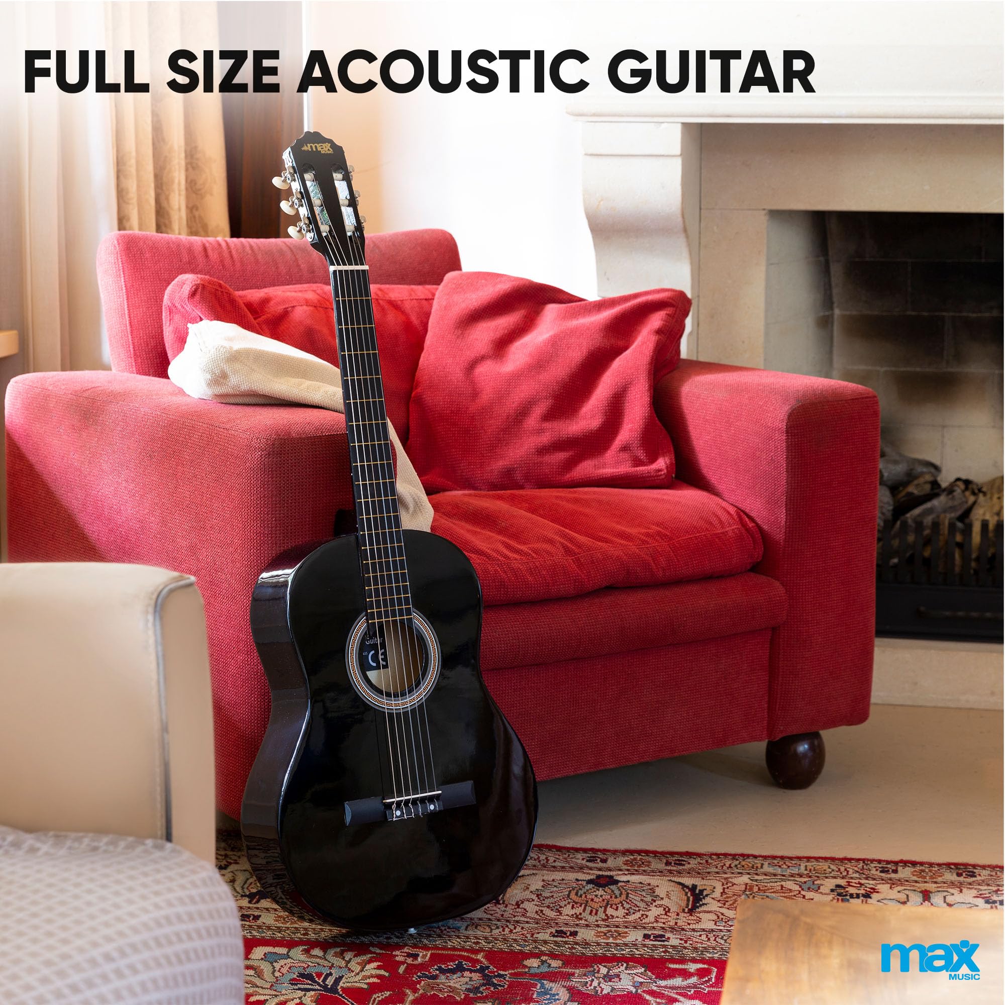 Max SoloArt Chitarra Classica per Adulti Principianti Nero Corde in Nylon con Accordatore Digitale Borsa e Plettri