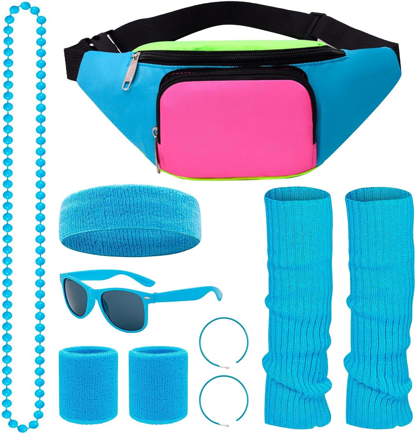 80s Workout Outfit for Women, 10 Piece Blue 80s Accessories for Women, Blue Leg Warmers, 1980s Neon Retro Fanny Pack,Headband, Sunglasses, necklace, Earrings for Vintage Theme Party Yoga Running