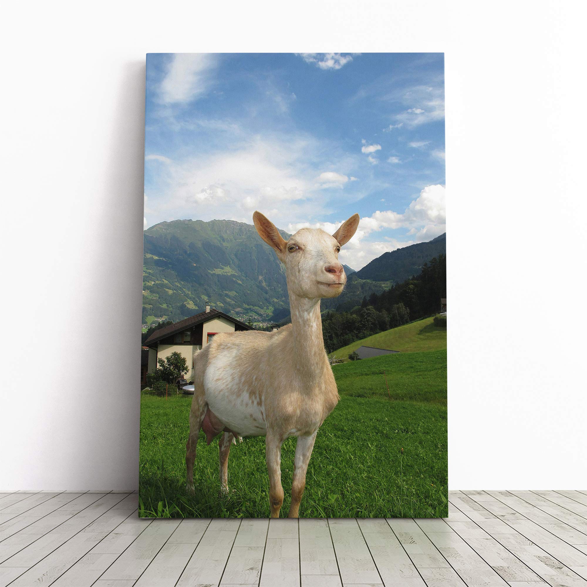 Goat in Austria Mountain Landscape Canvas Print | Gallery Wrapped 30mm Frame Wall Art | 30x20 inches | Ready to Hang | Modern Animals Picture | Living Room Bedroom Lounge Office