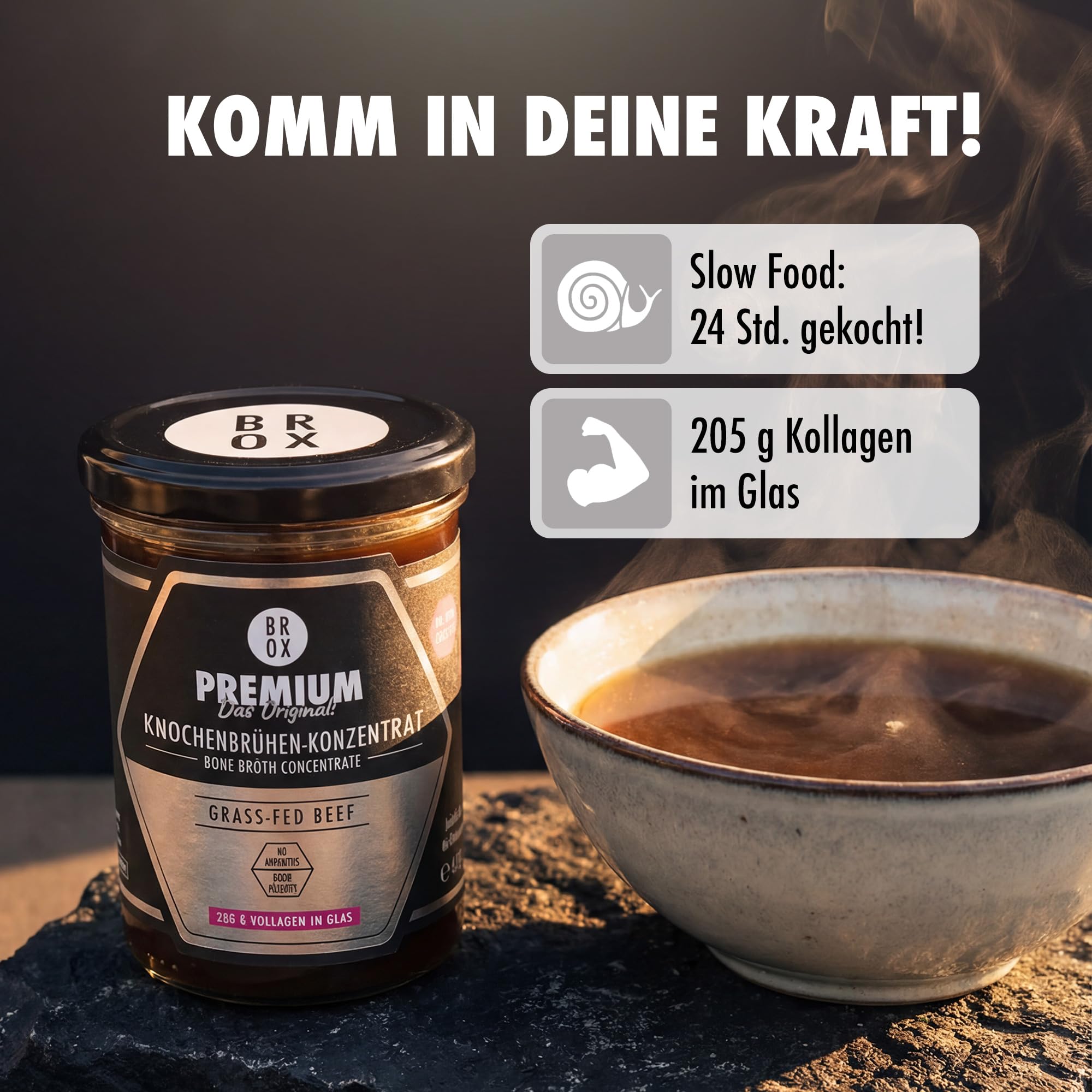 BROX Knochenbrühen-Konzentrat Weiderind 465g 24h gekocht 205g Kollagen 3 Sek Zubereitung 11,5L Rinderbrühe ohne Zusätze 46 Portionen